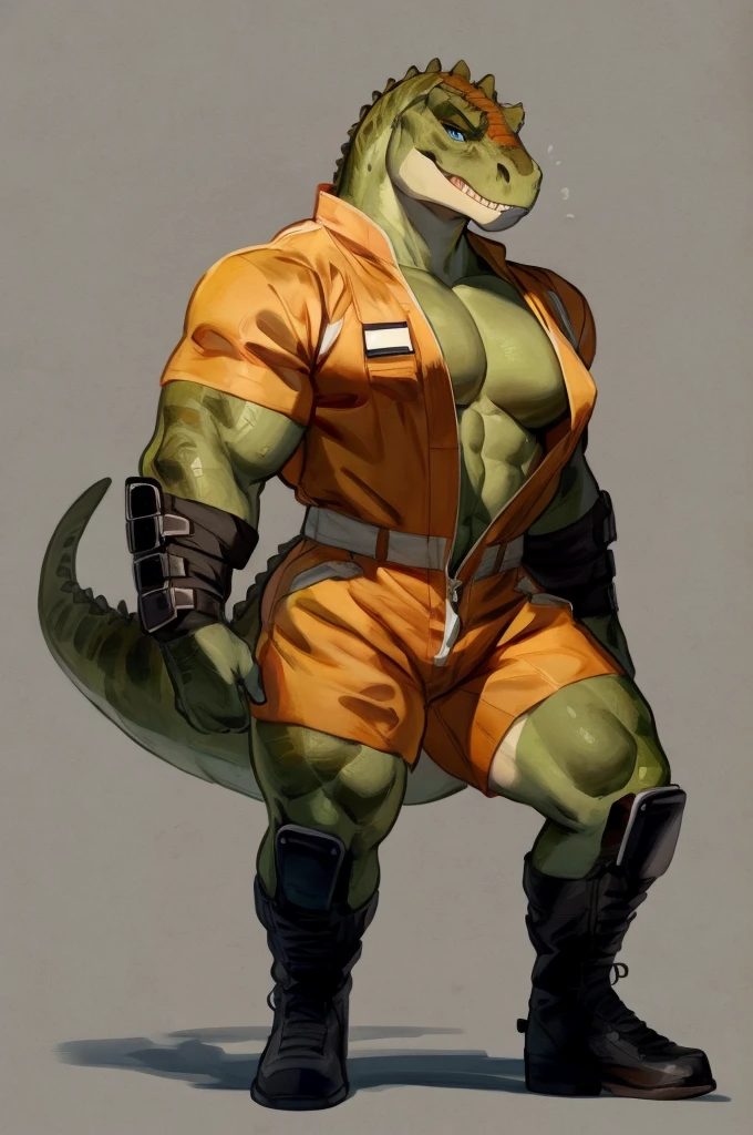 By bebebebebe, by lostgoose, by goonie-san, by buta99, by con5710, ((female, green skin, blue eyes, short hair)), tyrannosaurus, dinosaur, t-rex, smirking, big breastuscular, buff, giant, strong, enormous, broad shoulders, big head), ((white and orange jumpsuit)), black body armor, black tactical pouches, big black boots, standing