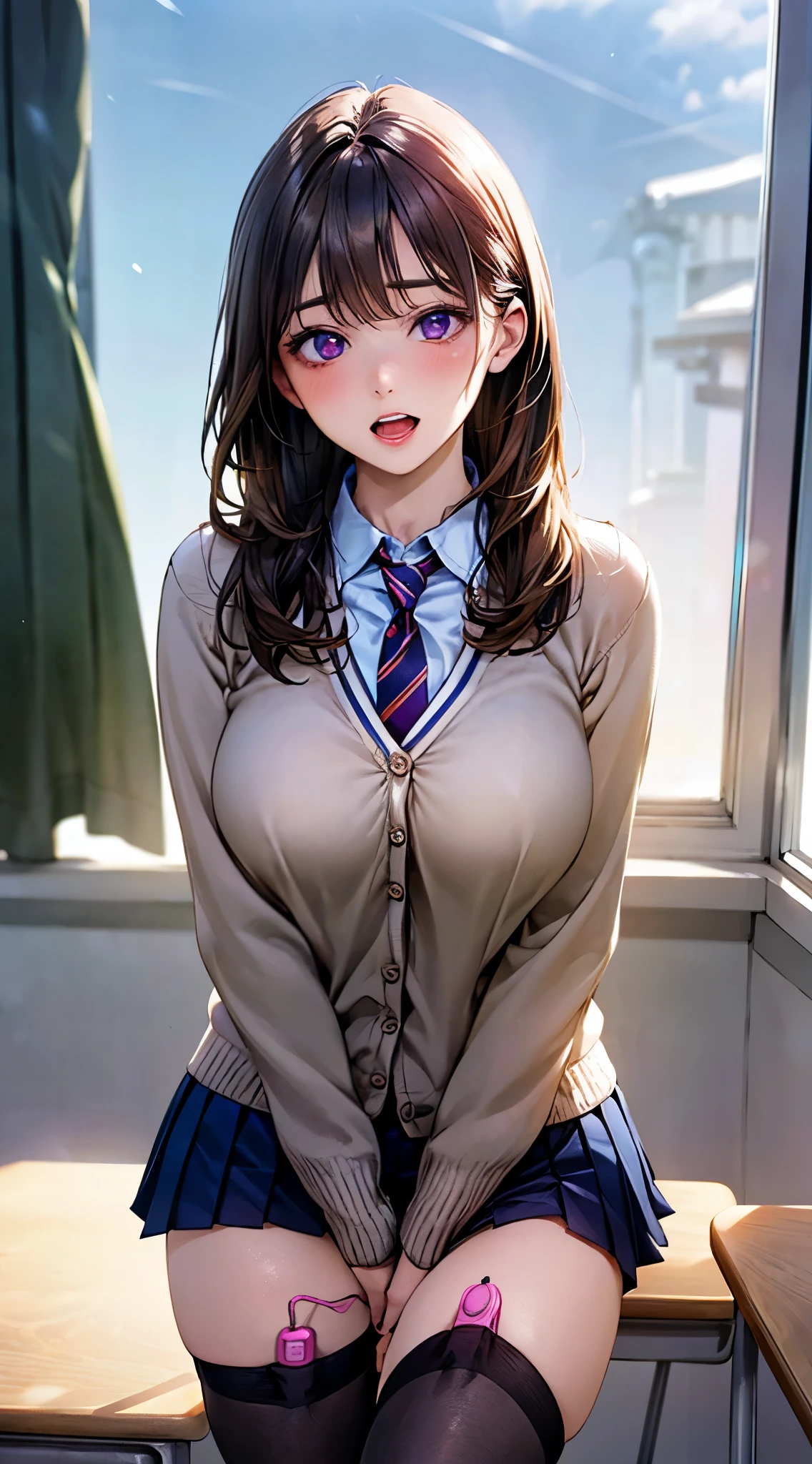 (masterpiece:1.2, top-quality), (realistic, photorealistic:1.4), beautiful illustration, (natural side lighting, movie lighting), NSFW, 
looking at viewer, cowboy shot, front view:0.6, 1 girl, japanese, high school girl, perfect face, cute and symmetrical face, shiny skin, 
(long hair:1.8, straight hair:1.7, blond hair), asymmetrical bangs, purple eyes, (large breasts:1.1, thick thighs), 
beautiful hair, beautiful face, beautiful detailed eyes, beautiful clavicle, beautiful body, beautiful chest, beautiful thigh, beautiful legs, beautiful fingers, 
((light blue collared shirts, navy pleated mini skirt, socks, navy tie, light brown cardigan, white thighhighs)), pink panties, 
(beautiful scenery), evening, school, classroom, curtains, standing, leaning forward, hands between legs, vibrator in thighhighs, ((ahegao, ashamed, open mouth)), , 