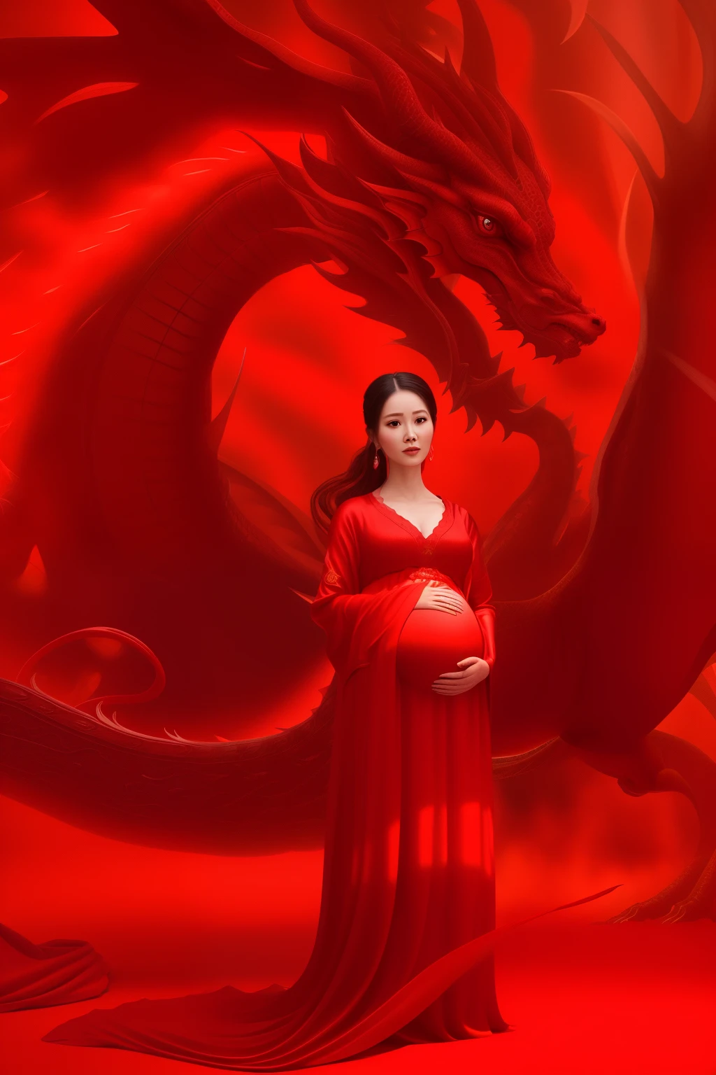 A pregnant woman with red silk standing in front of a red dragon statue, a beautiful artwork illustration,, chinese fantasy, beautiful digital , cyber, realistic, red background