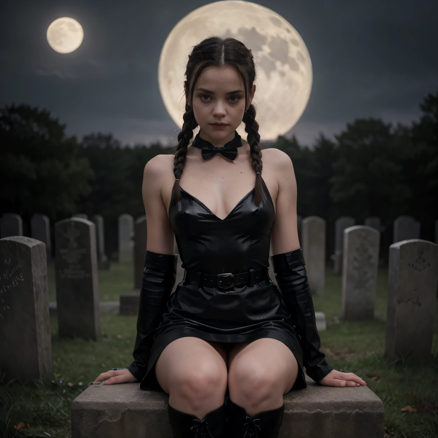 ((best quality)), ((masterpiece)), (detailed), (NSFW), perfect face Wednesday Addams all grown up, (Christina Ricci), sitting in a dark graveyard with legs slightly apart, no buildings, only gravestones, eerie rising mist, nighttime, Fullmoon, little black shiny leather gloves, tiny black sleeveless dress-too short to hide vagina-with a small black belt to hold the waist in, black Dr Martin boots, 4 fingers and one thumb attached to each palm to make the hand, Natural normal human hands only, do not draw more than this amount, hair in loose braids tied with black bows, slim figure-slight, 2 arms, 2 legs, better hands, dress needs to be much shorter,