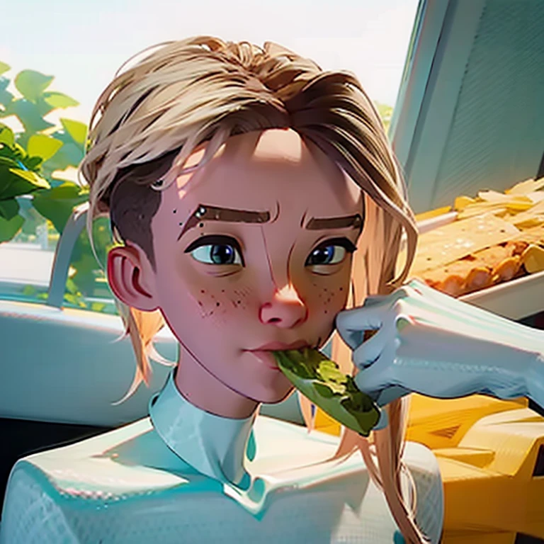 She enjoys eating a highly detailed taco, full of cheese and lettuce