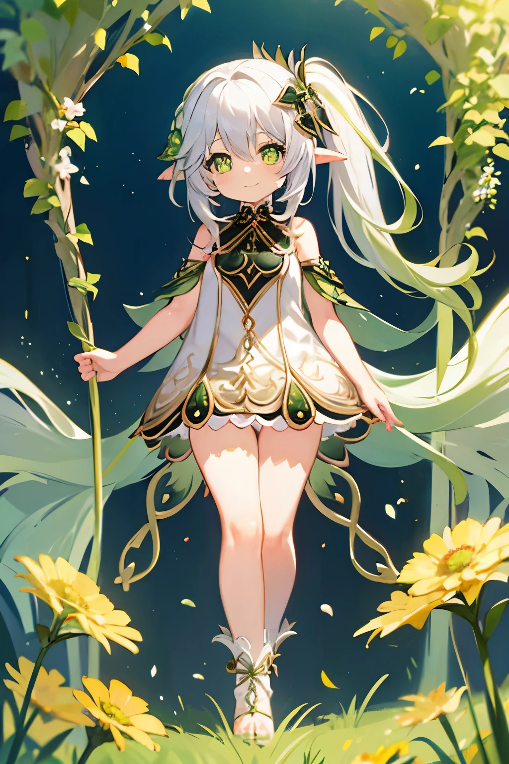 1 little girl solo, nahida_genshin, cross-shaped pupils, smiling, nude, naked, white hair, green hair ornament, green cape, flower meadow, flowers, walking on the flower field