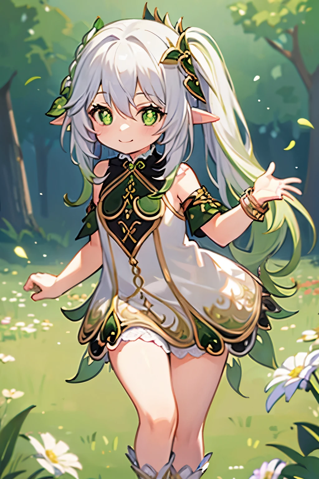 1 *********** solo, nahida_genshin, cross-shaped pupils, smiling, nude, naked, white hair, green hair ornament, green cape, flower meadow, flowers, walking on the flower field