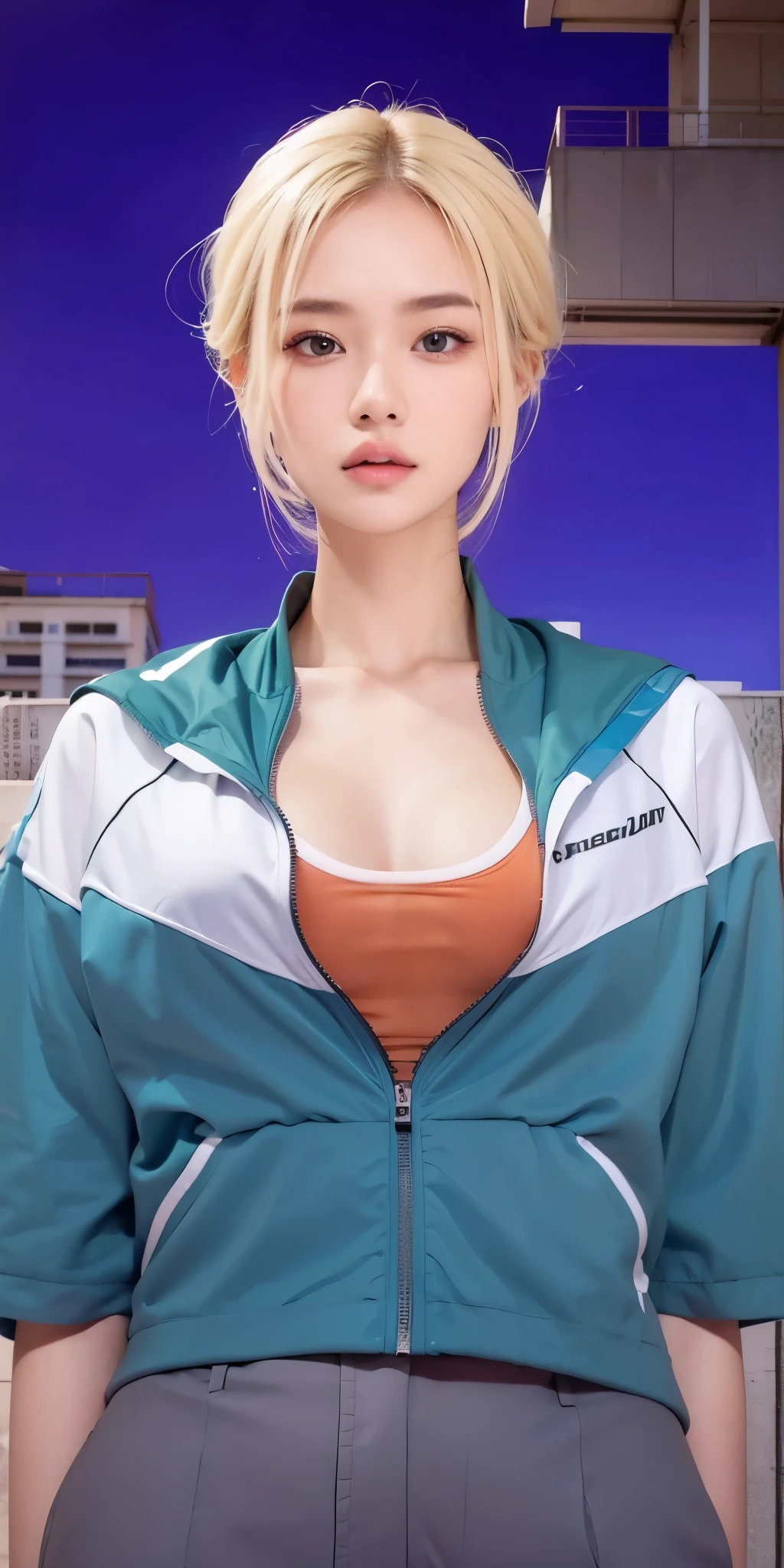 1girl, blonde hair, black eyes, high quality, ultra detailed, masterpiece, realistic, sports clothes 