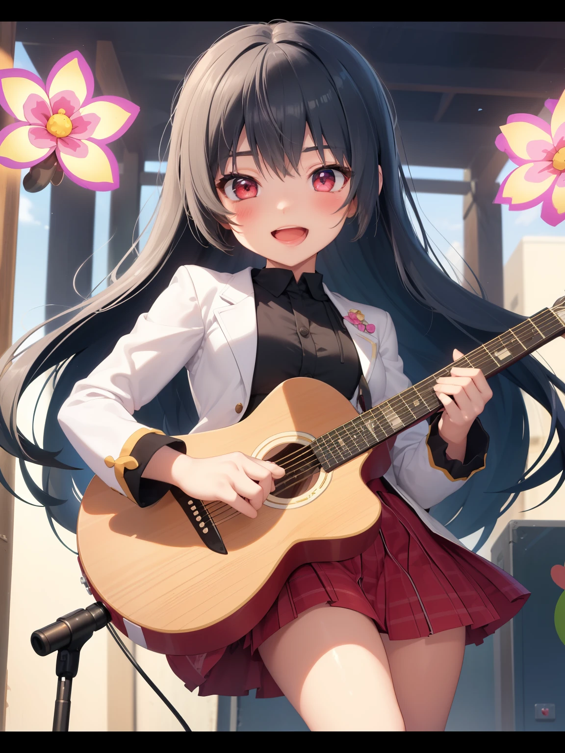 (masterpiece),(highest quality),(super detailed), (whole body:1.2),
1 girl,Chibi,cute, smile, open your mouth,
flower, outdoor, I'm playing guitar, music,  Jacket, blush, shirt,stickers, long sleeve, bangs,

 