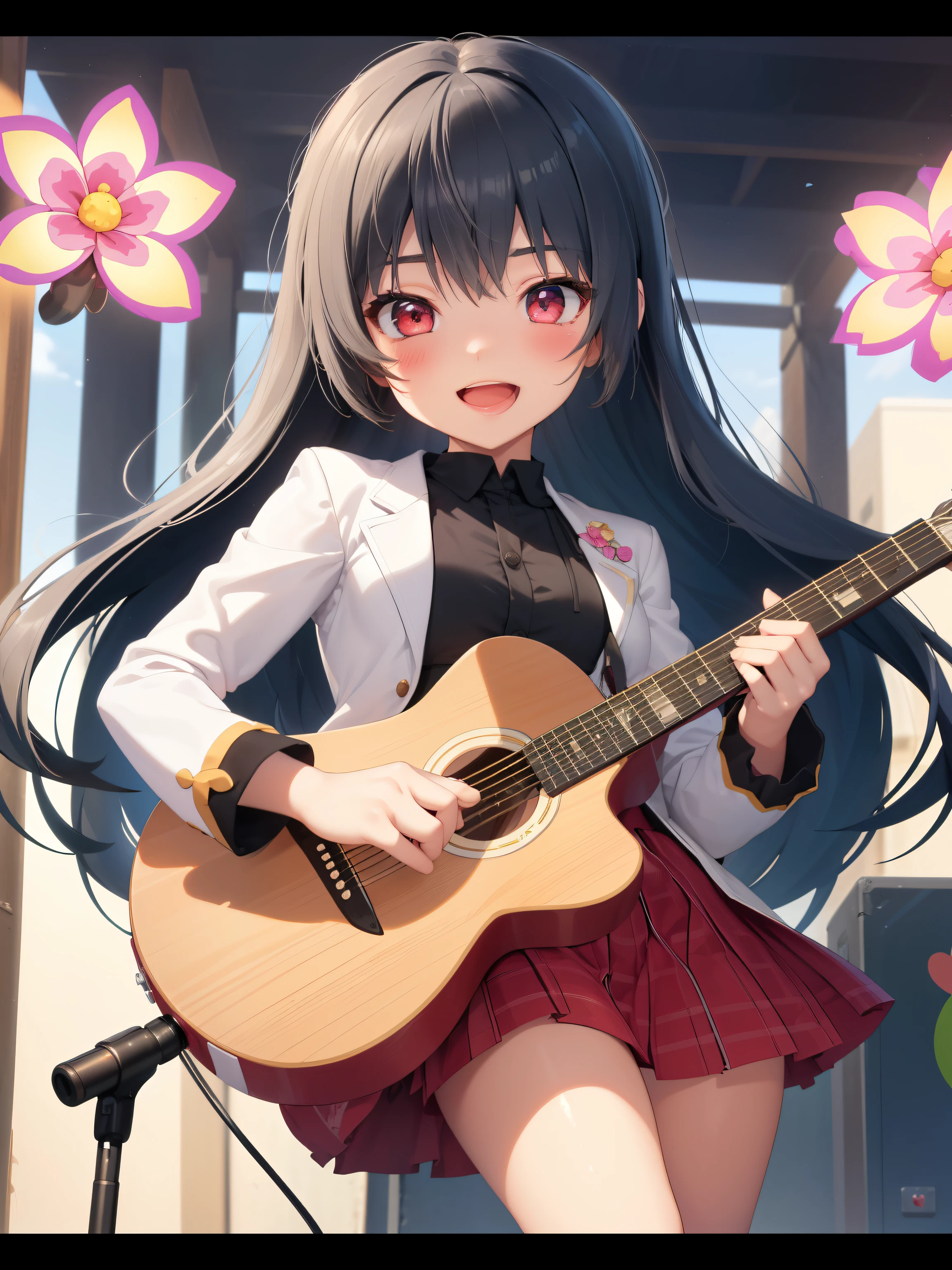 (masterpiece),(highest quality),(Super detailed), (whole body:1.2),
1 girl,Little,cute, smile, open your mouth,
flower, outdoor, I play guitar, music,  Jacket, blush, shirt,sticker, long sleeve, bangs,

 