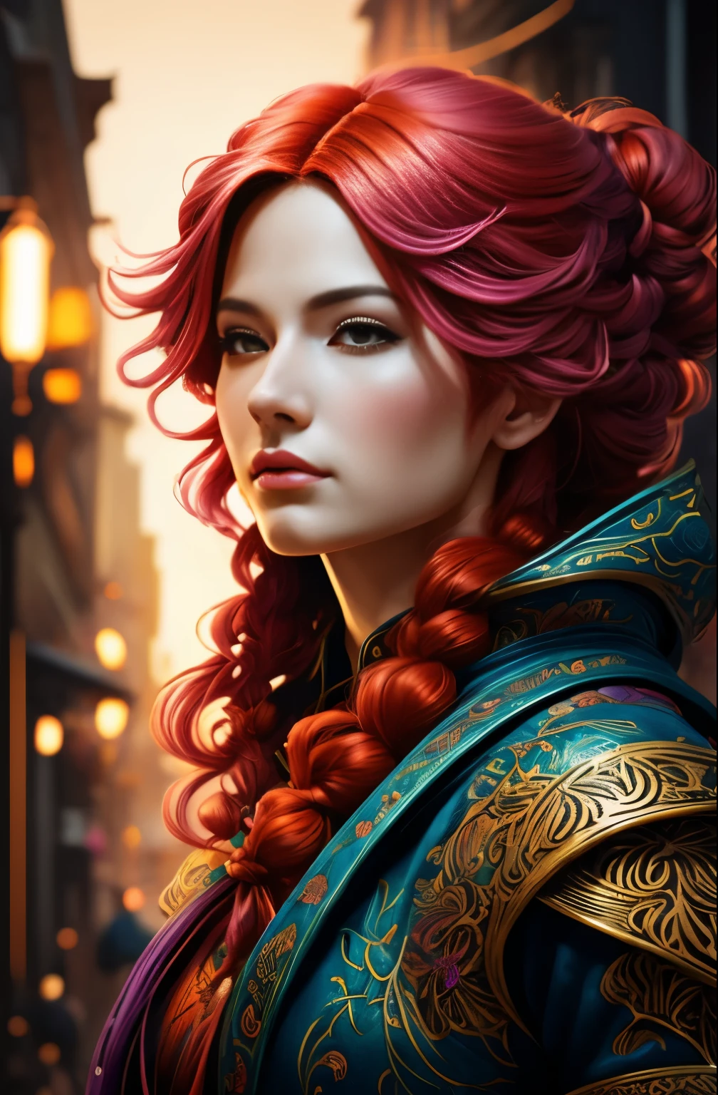 Close-up of a woman with magenta and orange hair, digital illustration style, 鮮やかな漫画art, art:Alessandro Pautasso, マーティン・アンシンのartワークの肖像画, amazing digital illustrations, Killian Eng's vibrant colors, 素晴らしいデジタルart, swallowed, exquisite digital illustration, ファンタジーポップart, artgerm colorful!!!, just a joke, 美しいデジタルartワーク, ポップart, abstract paintings, Avant-garde