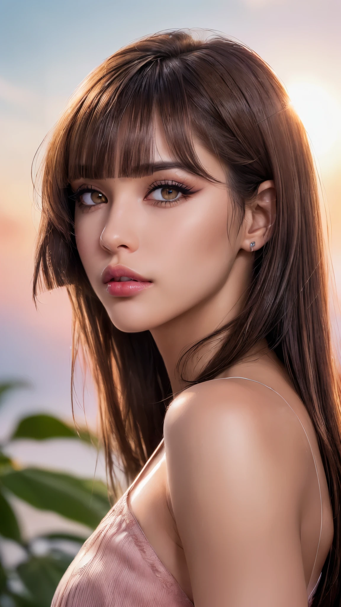 Draw a picture, (photorealistic:1.4), (hyperrealistic:1.4), (realistic:1.3), (smoother ((tropical sunset)) lighting:1.05), (increase Fujicolor quality:0.9), (absurd: 1.3), (best quality), (ultra sharp), RAW photo of (phenomenal model, 24 years old), (ultra detailed, ultra realistic, hyper realistic, 8K, ultra highres:1.2), realistic lighting, backlighting, light on face, ray trace, (brightening light:1.2), (Increase quality:1.4), (best quality real texture skin:1.4), finely detailed eyes, finely detailed face, finely quality eyes, (Brown) [sparkling eyes], [long eyelashes], Double eyelids, (looking at viewer), slim, well-muscled body, medium ass, very detailed hair, (( (light) brown short ((side bangs)), extremely detailed)), (Increase skin texture beauty:1.1), (light makeup, [pink lipstick], eyeliner:1.2)
