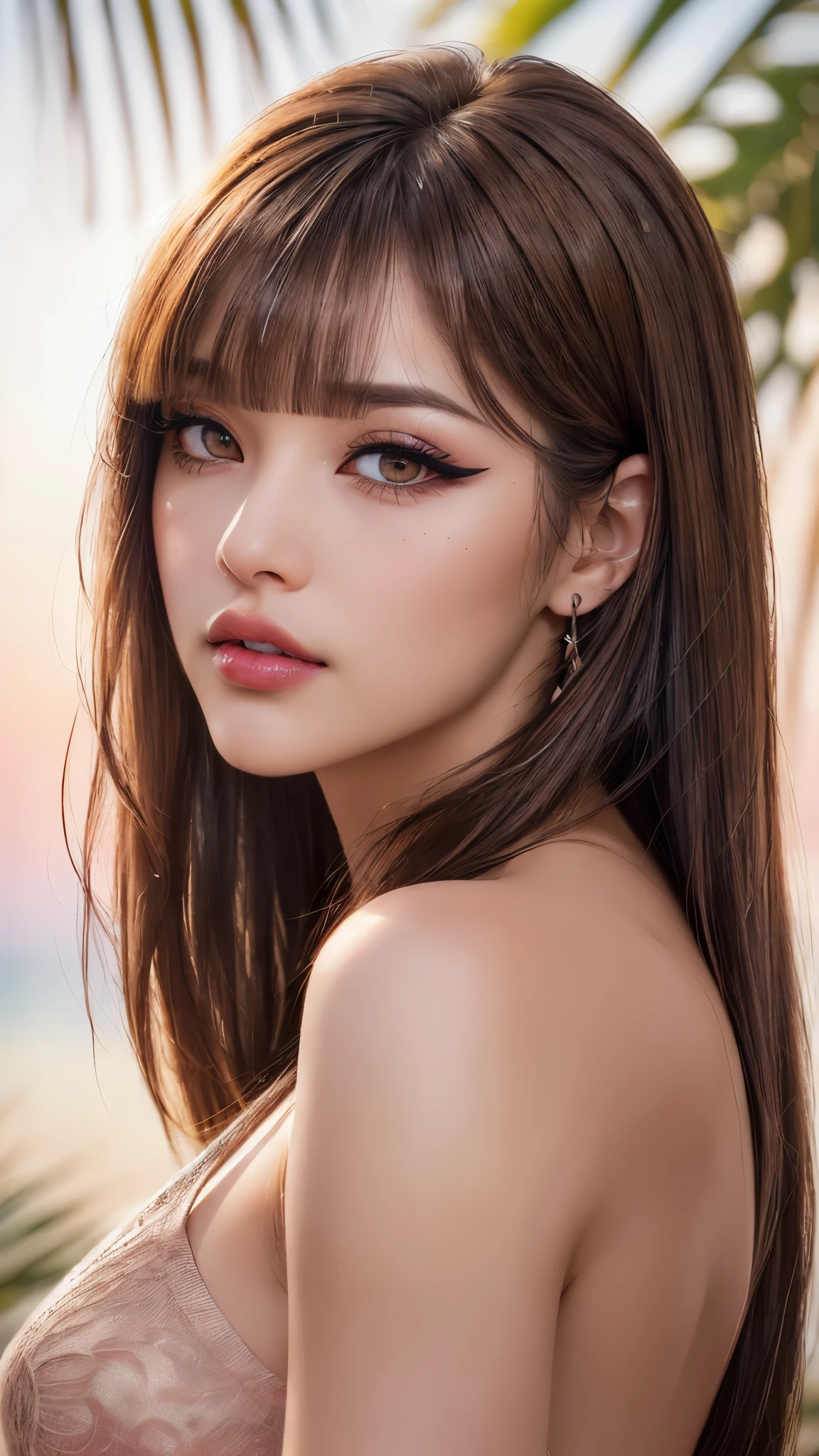 Draw a picture, (photorealistic:1.4), (hyperrealistic:1.4), (realistic:1.3), (smoother tropical sunset lighting:1.05), (increase Fujicolor quality:0.9), (absurd: 1.3), (best quality), (ultra sharp), (She is a phenomenal model, 24 years old), realistic lighting, backlighting, light on face, ray trace, (brightening light:1.2), (Increase quality:1.4), (best quality real texture skin:1.4), finely detailed eyes, finely detailed face, finely quality eyes, (Brown) [sparkling eyes], [long eyelashes], Double eyelids, (looking at viewer), slim, well-muscled body, medium ass, very detailed hair, (( (light) brown short ((side bangs)), extremely detailed)), (Increase skin texture beauty:1.1), (light makeup, [[pink lipstick]], eyeliner:1.3)