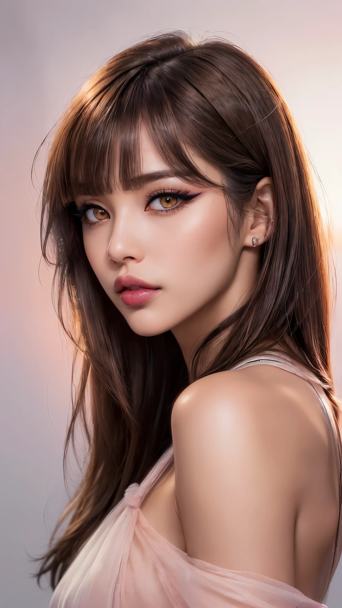 Draw a picture, (photorealistic:1.4), (hyperrealistic:1.4), (realistic:1.3), (smoother tropical sunset lighting:1.05), (increase Fujicolor quality:0.9), (absurd: 1.3), (best quality), (ultra sharp), (She is a phenomenal model, 24 years old), realistic lighting, backlighting, light on face, ray trace, (brightening light:1.2), (Increase quality:1.4), (best quality real texture skin:1.4), finely detailed eyes, finely detailed face, finely quality eyes, (Brown) [sparkling eyes], [long eyelashes], Double eyelids, (looking at viewer), slim, well-muscled body, medium ass, very detailed hair, (( (light) brown short ((side bangs)), extremely detailed)), (Increase skin texture beauty:1.1), (light makeup, [[pink lipstick]], eyeliner:1.3)