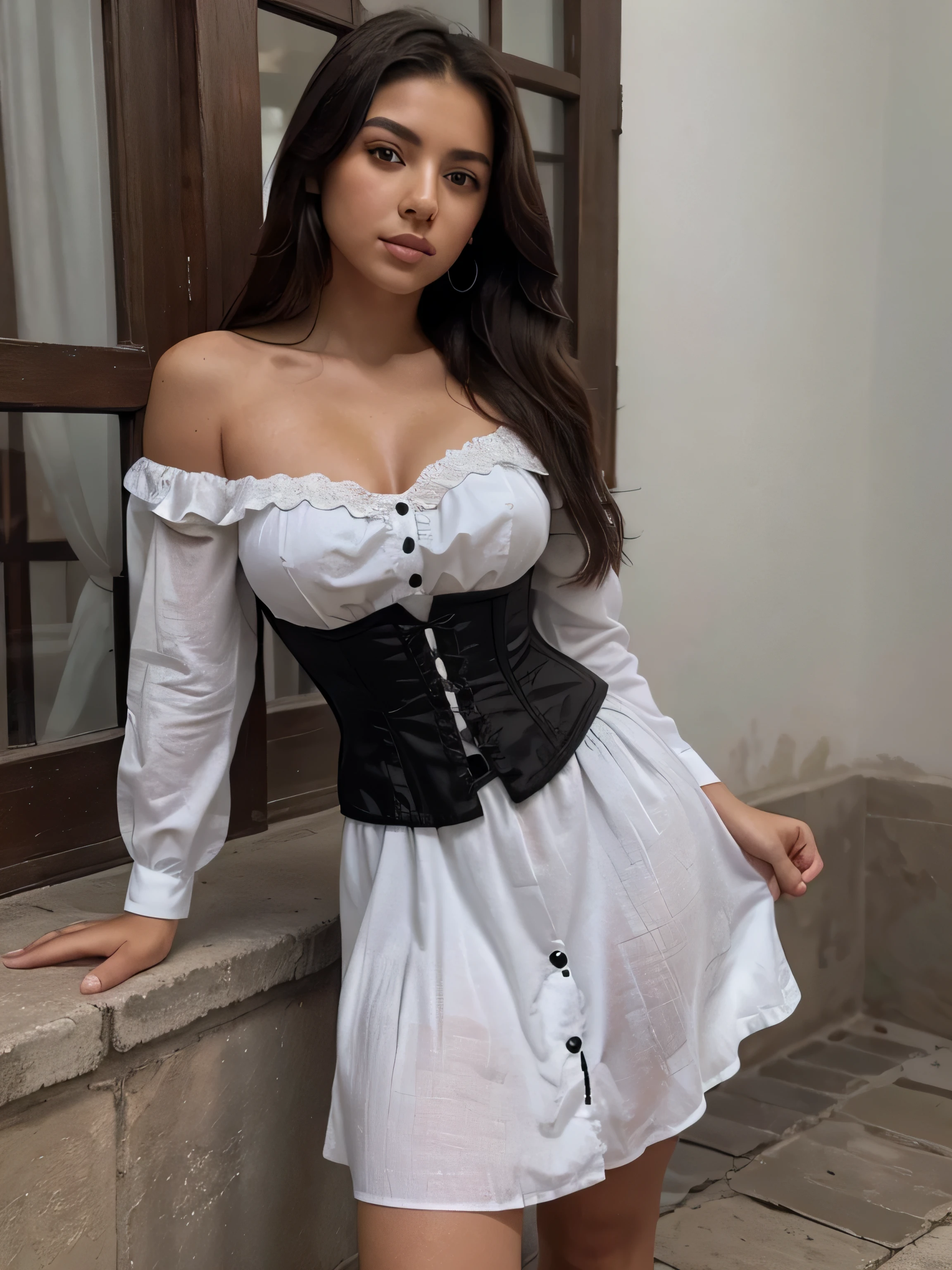 ((Mejor calidad)), ((obra maestra)), (Detallado), Perfect full body realistic photo of a beautiful  Mexican woman, with long dark brown hair, mexicana, mujer de influencia, pecas claras, dark brown eyes, grande lIps, sin maquillaje, Instagram, una foto en blanco y negro of a woman In a dress, una foto en blanco y negro, tumblr, corset, beautiful morning, en ropa rosa, hermosoy soft lIt, escote muy pronunciado, viejo tiempo, hidalgo, hermoso, adorable, atuendo revelador, beldad, escarpado, grande!!!!!!!!!!!!