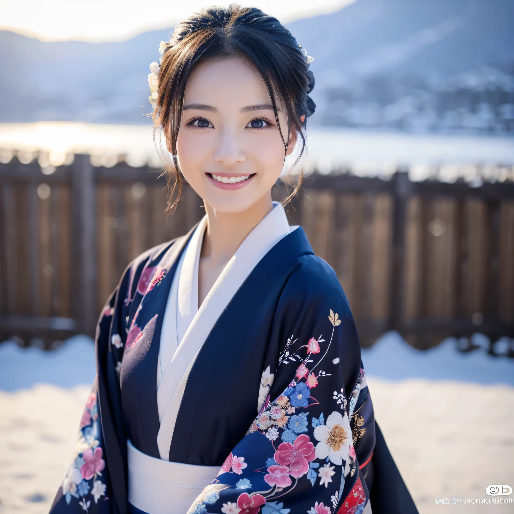 (Super beautiful woman in kimono)、((highest quality、8K masterpiece:1.3))、sharp focus:1.2、(super beautiful face:1.0)、(shiny skin:1.0)、realistic pictures、black hair、video lighting、High resolution eyes and face、video lighting、japanese actress、from the front、Medium chest、with a happy smile、Slender abs beauty、whole body、wearing a kimono、In the snowy landscape of midwinter、highest grade obi