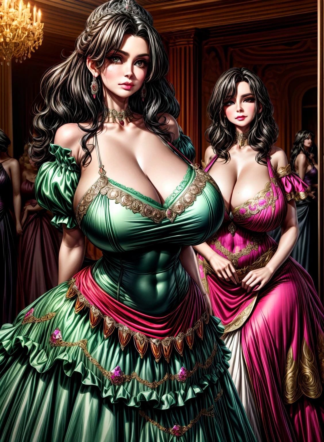 Irish woman, milf, mature, curly hair,black hair, high cheekbones, glossy lipstick, pouting, pouting lips, white pale skin, tall, curvaceous, small waist, big hips, hip dips, large breasts, big breasts, sagging breasts, looking at viewer, Best quality, 8k, Masterpiece, realistic, photorealistic, (gigantic breasts:1.2),wearing beautiful embroidery and jeweled ruffled gorgeous princess ballgown with voluminous full length hoop skirt,
princess in a beautiful embroidery and jeweled rococo princess ballgown with voluminous full length hoop skirt,super detailed gorgeous princess ballgown with voluminous full length hoop skirt,jeweled Gorgeous rococo princess ballgown with long train,jeweled Gorgeous rococo princess ballgown with long train,gorgeous rococo princess ballgown with beautiful embroidery and jeweled, detailed eyes, brown eyes, green dress