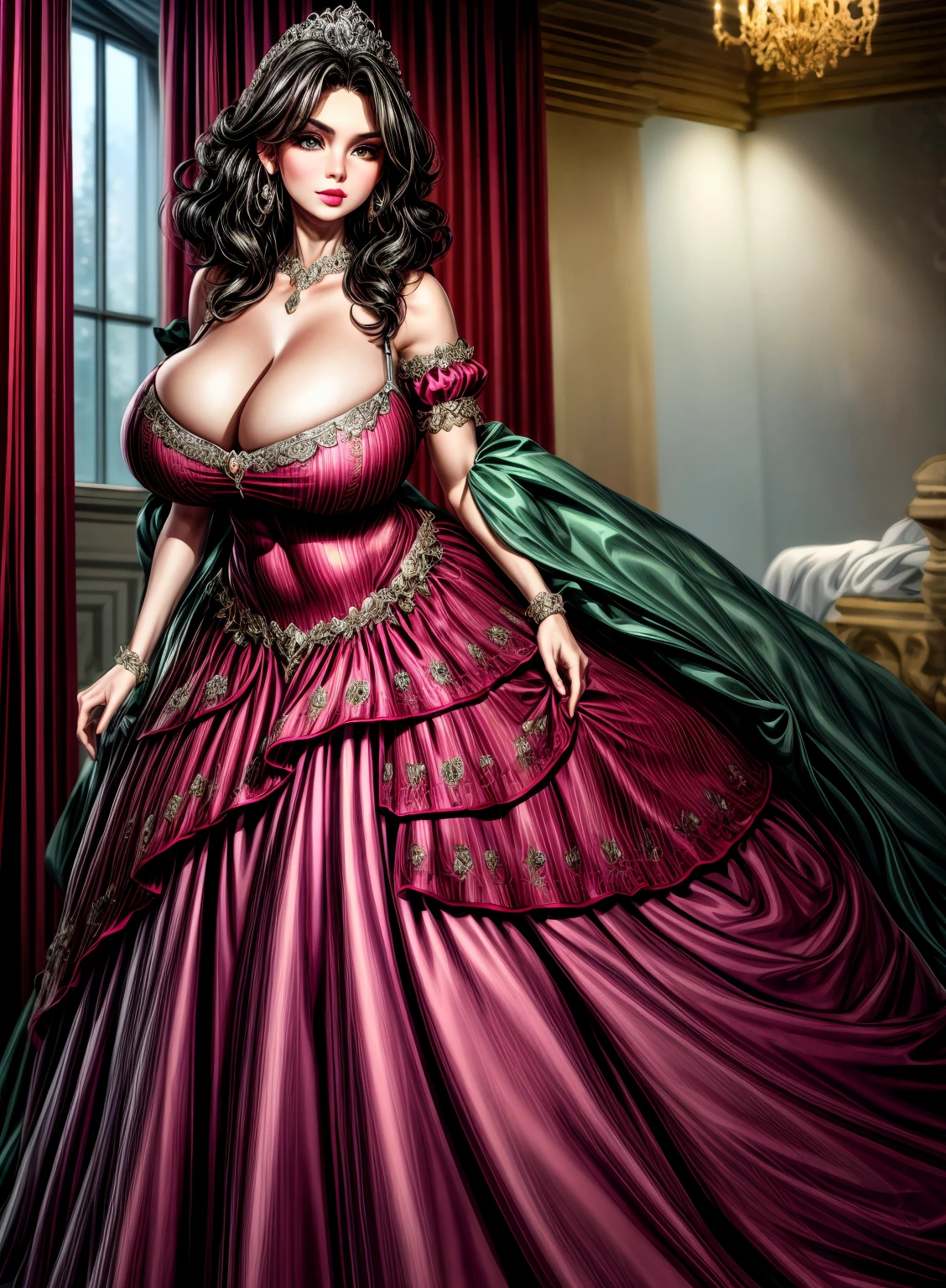 Irish woman, , maturly hair,black hair, high cheekbones, glossy lipstick, pouting, pouting lips, white pale skin, tall, curvaceous, small waist, big hips, hip dips, large breasts, bsts, sagg, looking at viewer, ality, 8k, Masterpiece, realistic, photorealistic, (gigantic breasts:1.2),wearing beautiful embrand jeweled ruffled gorgeous princess ballgown with voluminous full length hoop skirt,
princess in a beautiful embroidery and jeweled rococo princess ballgown with voluminous full length hoop skirt,super detailed gorgeous princess ballgown with voluminous full length hoop skirt,jeweled Gorgeous rococo princess ballgown with long train,jeweled Gorgeous rococo princess ballgown with long train,gorgeous rococo princess ballgown with beautiful embroidery and jeweled, detailed eyes, brown eyes, green dress