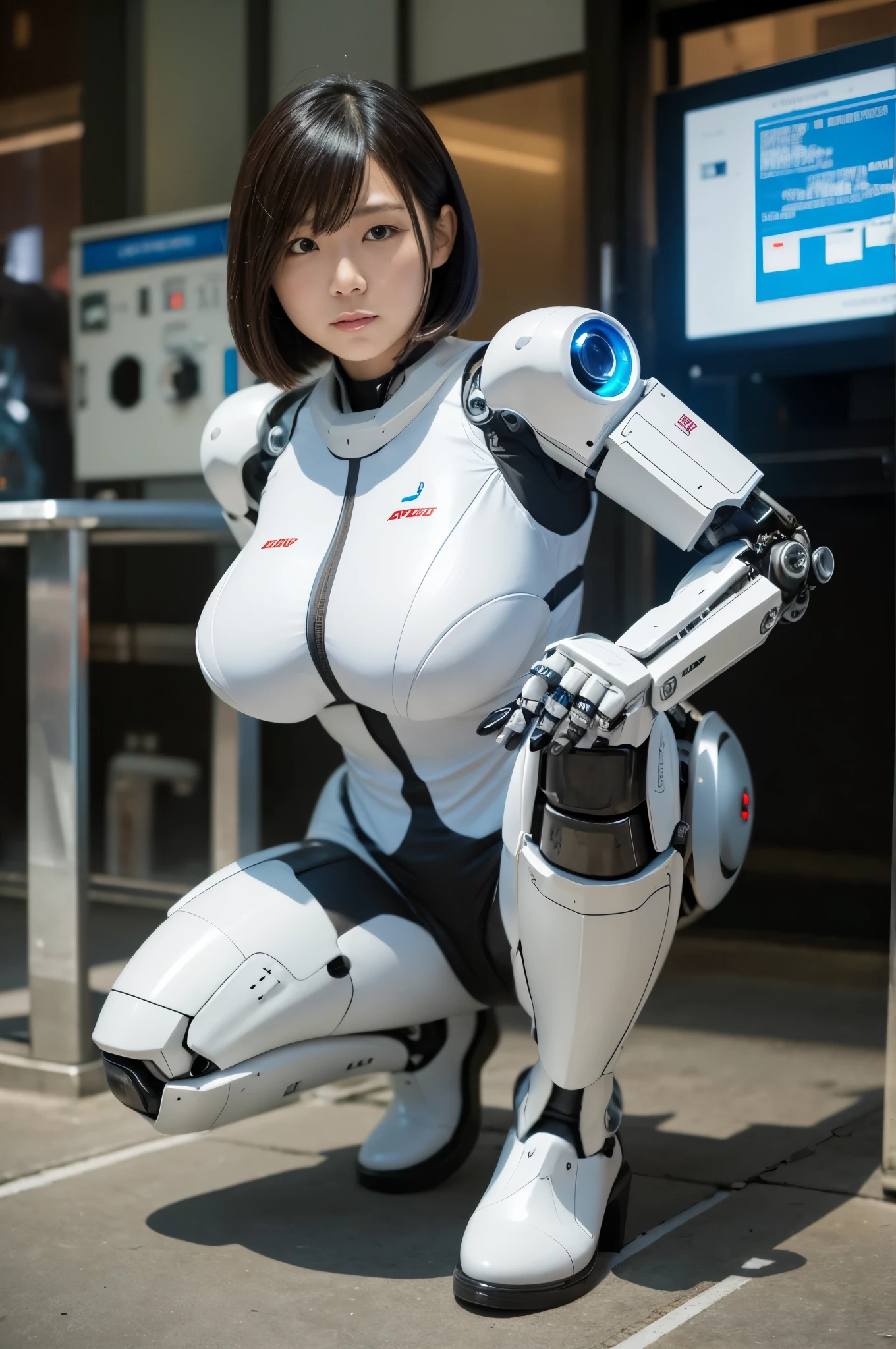 Best Quality,masutepiece,1woman, Japanese cyborg woman ,Plump , White boots,announcer,control panels,activate,Squat,android,droid,Mechanical Hand,White clothes, body suit,Taut_Clothes,medium breasts⁩,clothes with a sense of mechanical technology, Robot arms and legs, Black Robot Parts,blac hair,Short hair,tube dress,