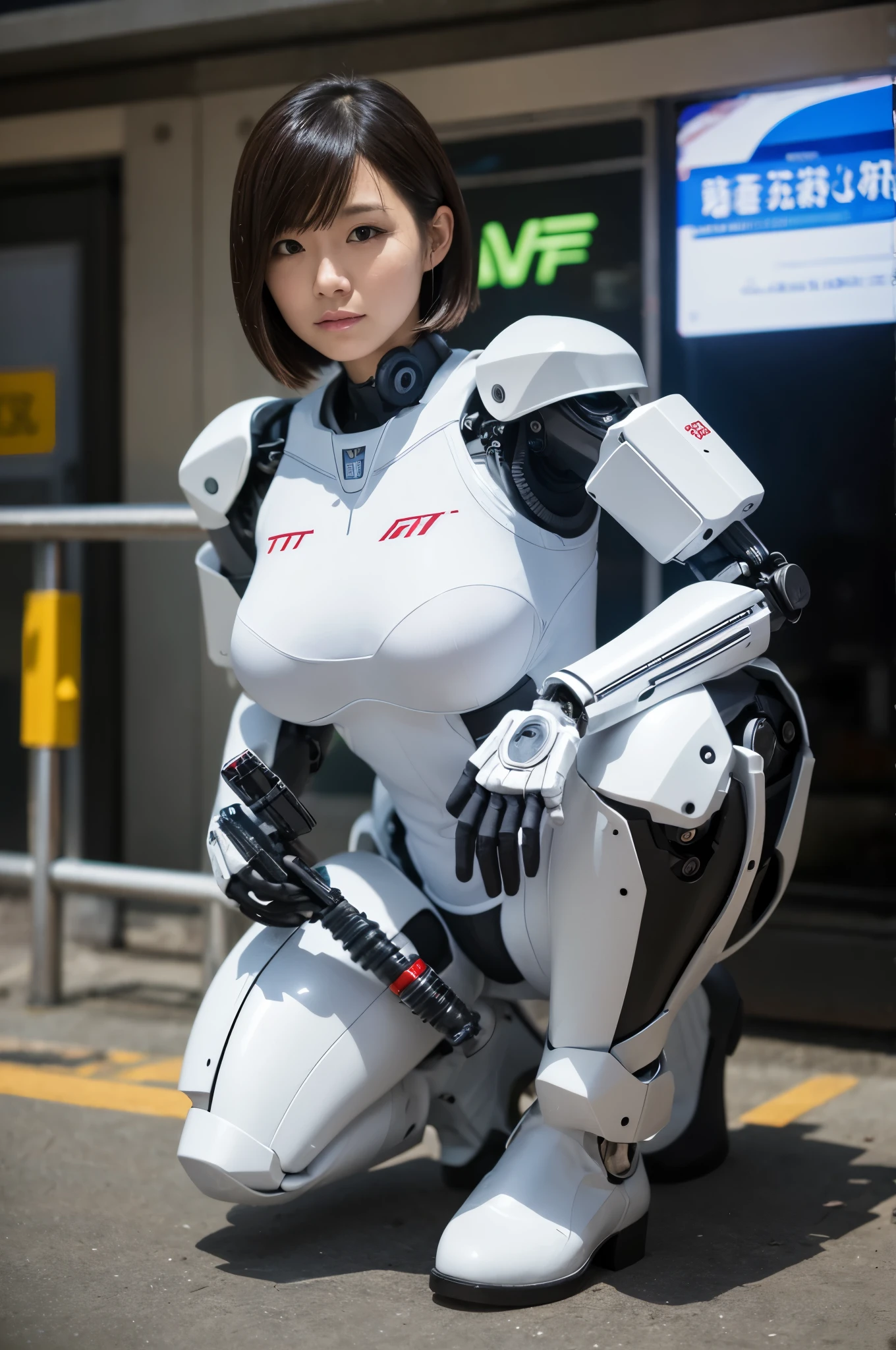 Best Quality,masutepiece,1woman, Japanese cyborg woman ,Plump , White boots,announcer,control panels,activate,Squat,android,droid,Mechanical Hand,White clothes, body suit,Taut_Clothes,medium breasts,clothes with a sense of mechanical technology, Robot arms and legs, Black Robot Parts,blac hair,Short hair,tube dress,