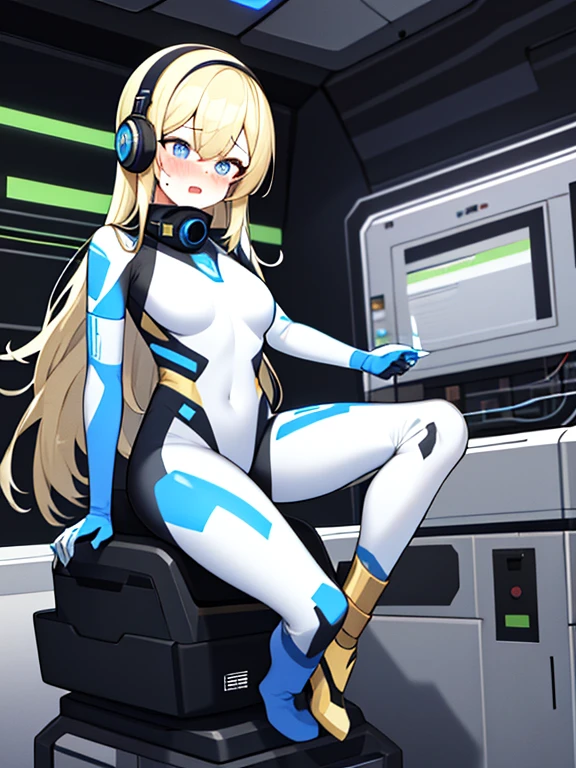 (Equestrian machine):1.3、乗馬マシーンにstraddle、straddle:1.3,Tubes and cables、holds the smartphone in her hand、(Interior of white cyberpunk futuristic space station)、1 girl、solo、full body painting、chest、Sweat、tears、heart-shaped pupil、Ahegao、Steamed body、(Golden hair):1.1,(White bodysuit):1.2、(Futuristic latex bodysuit space suit):1.1,headphone、V arm、(blush:1.3)