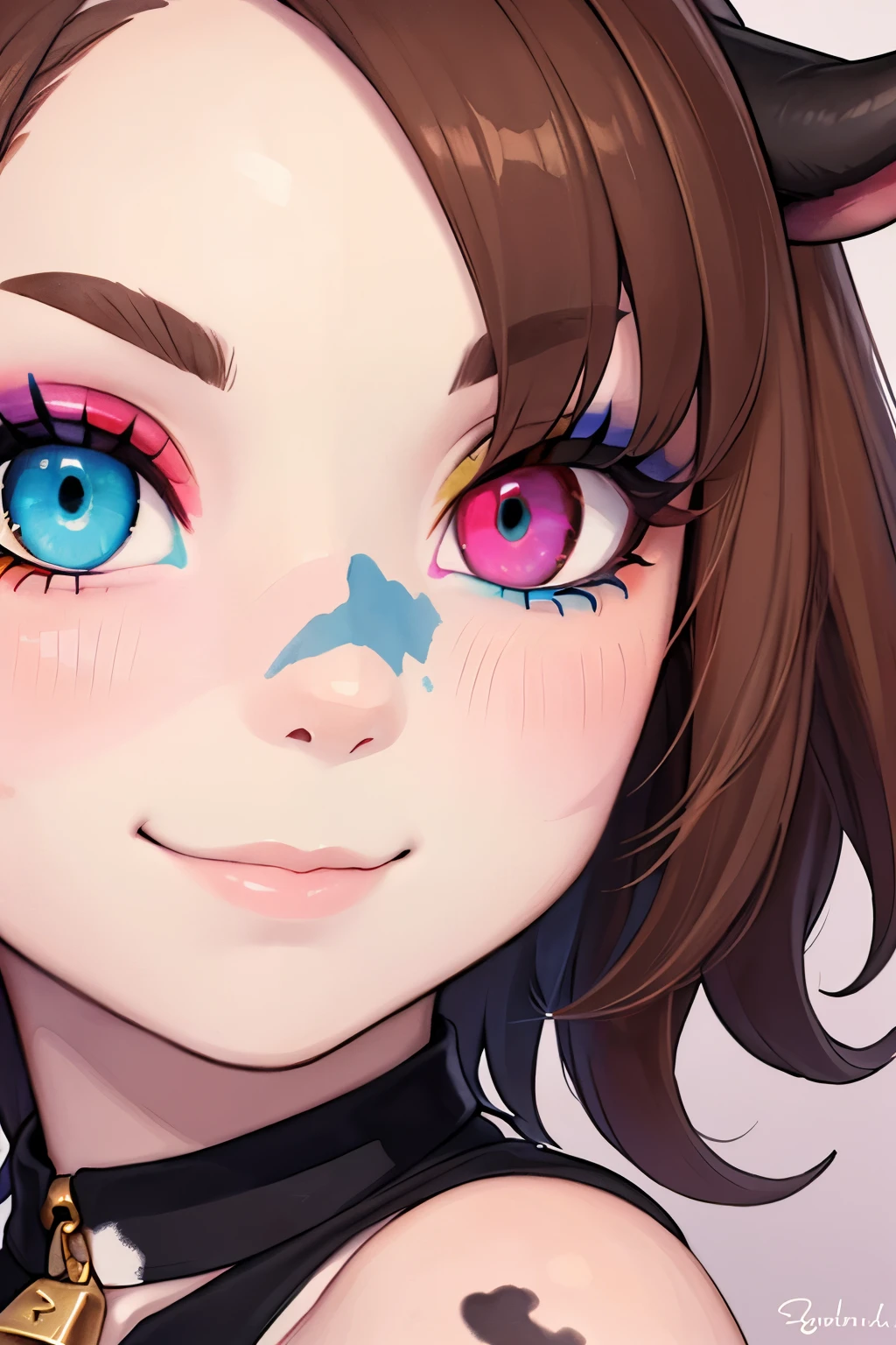 (masterpiece), best quality, highly detailed face, expressive eyes, Professional Photography, Girl Cow, ((short brown curly hair)), cow bell, (cow horns), cow ears, (((heterochromia eyes))), thick eyebrows, smiling, ((((face close-up)))),
BREAK,
Artistic watercolor-inspired makeup with soft pastels, blended hues, and abstract contours, creating an artistic illusion,