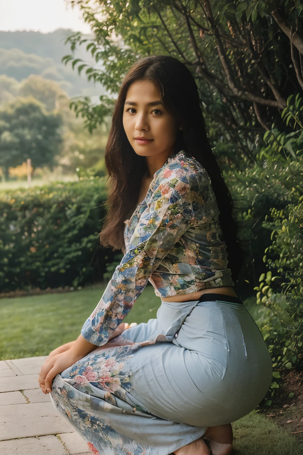 highly detailed illustration, best quality, masterpiece, 1 girl, long hair, kneeling and looking at the viewer, v sha pe face, sunlight, life like texture, acmm Is outfit, wearing acmm top, bright white acmm top, long sleeves, wea ring acmm long skirt, bright orange acmm long skirt, printed skirt, garden background