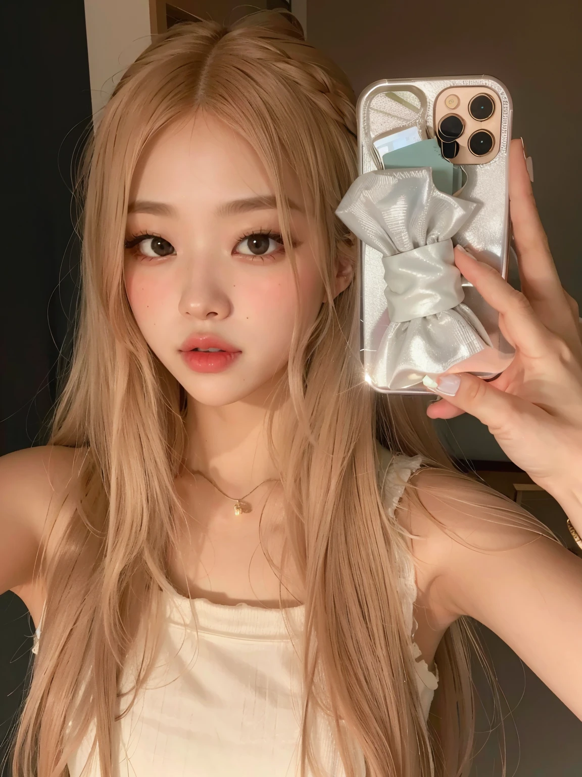 tem uma garota que tira uma selfie com o celular, parque roseanne de blackpink, jossi do blackpink, jennie blackpink, Lalisa Manoban do Blackpink, Lalisa Manobal, cl, portrait of jossi do blackpink, jaeyeon nam, heonhwa choe, taejune kim, com cabelos longos brancos, Sun Yunjoo