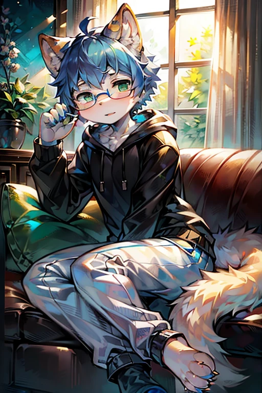 best quality，4k，high resolution，Ultra-detailed，photo-realistic：1.37）， serious expression， blue short hair， cat ears， cat tail， green eyeluffy， Shota， male， Lovely， illustration， digital painting， studio lighting， bright colors， Surreal， pastel color palette， soft light， hairy， felid， long tail， personification， Blue paws， hairy艺术风格， green case， black hoodie， Glasses，white panteat pad，sit relaxed，Blue fur，Blue earlue tail，hold