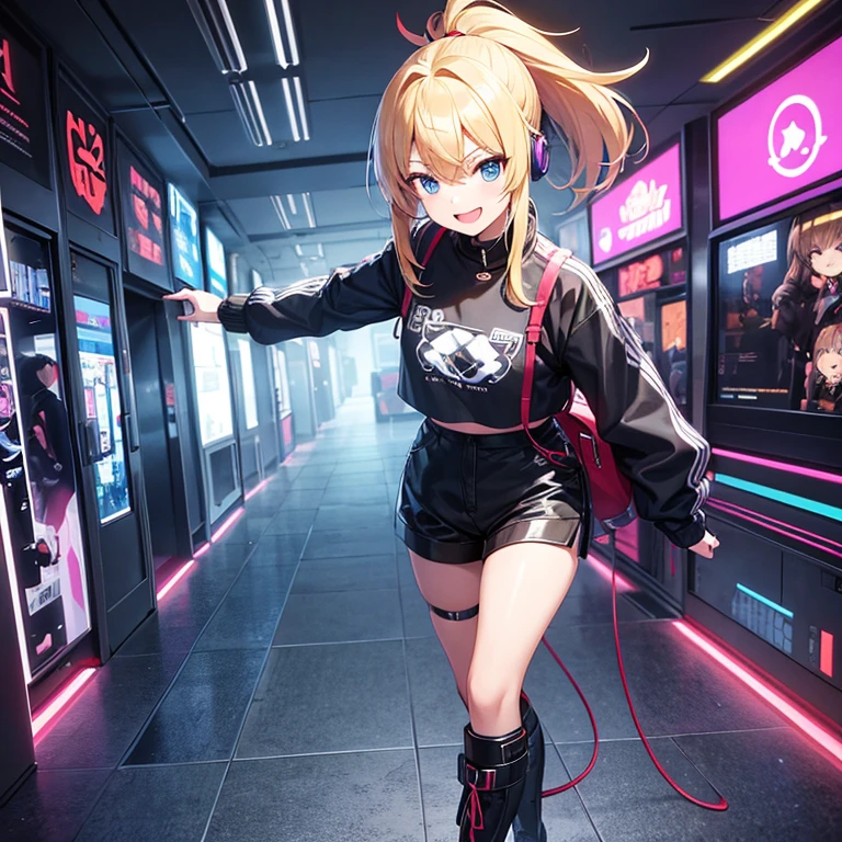 Anime, girl, blond hair, ponytail, not bangs, 2 hair strands in the front, smile expression, cyberpunk, blue, screens around girl, holograms, robots on ghe ground, walking, full body view, red shirt, black jacket, black baggy pants, boots, in a building, robots, human girl, blue eyes, tall, perfect hands, detailed, open mouth smile, blue hallograms, headphones, sifi 