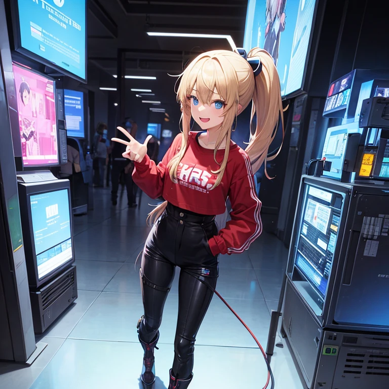 Anime, girl, blond hair, ponytail, not bangs, 2 hair strands in the front, smile expression, cyberpunk, blue, screens around girl, holograms, robots on ghe ground, walking, full body view, red shirt, black jacket, black baggy pants, boots, in a building, robots, human girl, blue eyes, tall, perfect hands, detailed, open mouth smile, blue hallograms, headphones, sifi