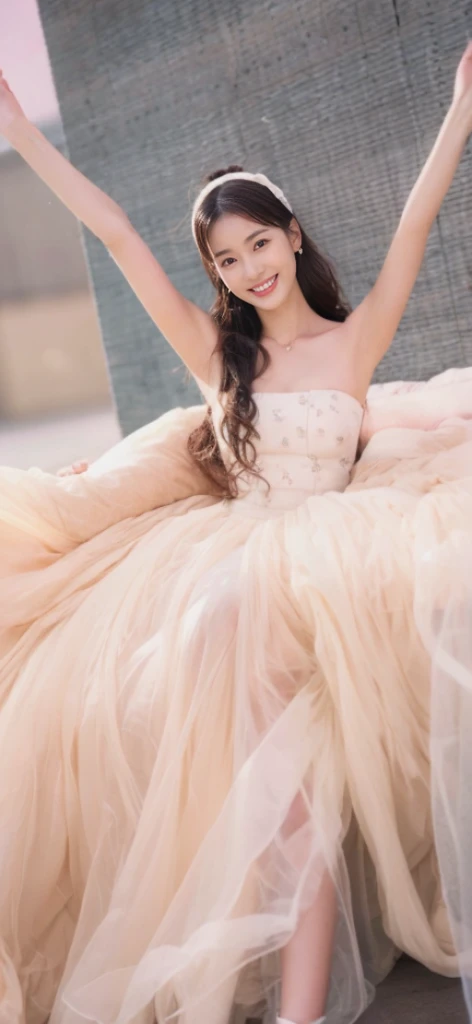 (on the table, best quality, realistically, Super detailed, meticulous, high resolution, 8k wallpaper), Close-up portrait of a beautiful woman, Chariada, smiling, light brown messy hair, Perfect dynamic composition, 美丽meticulous的眼睛, Just like the cover of a fashion magazine, On campus
