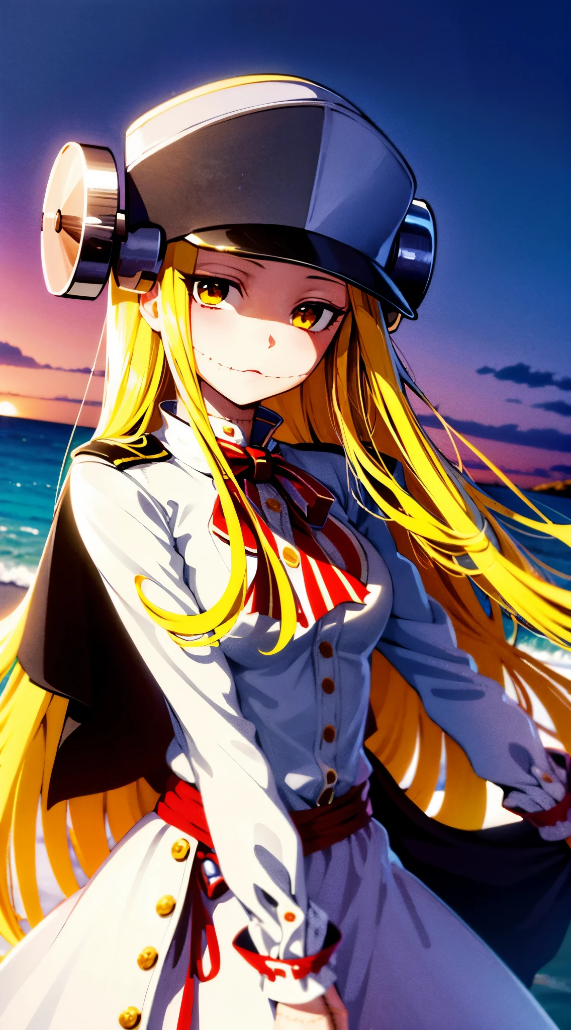 Fran,young woman,dressed as Napoleon ,(despair),((stands opposite the sea)),Grusnaya,Napoleon's hat, long hair , yellow hair,yellow eyes ,sadness