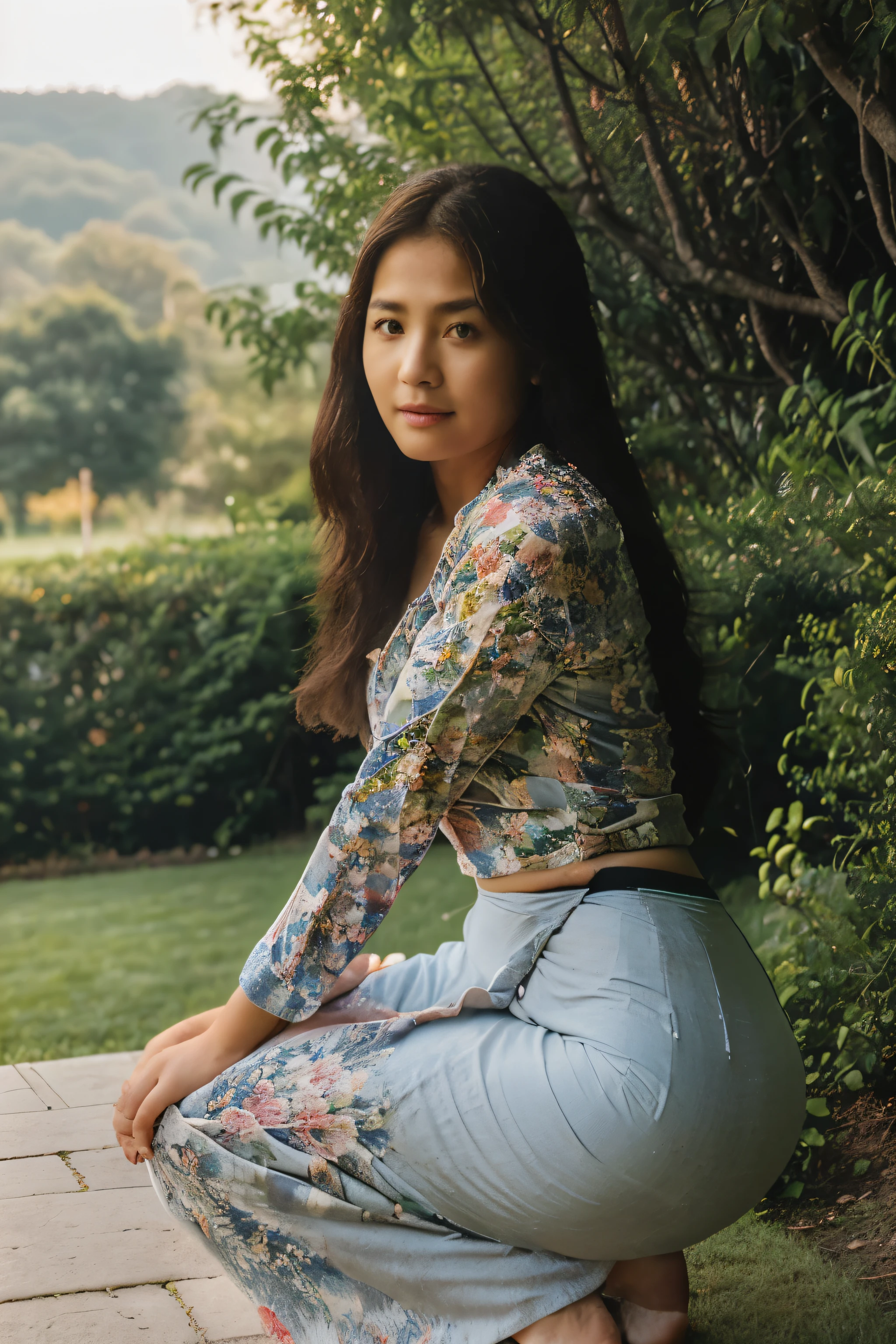 highly detailed illustration, best quality, masterpiece, 1 girl, long hair, kneeling and looking at the viewer, v sha pe face, sunlight, life like texture, acmm Is outfit, wearing acmm top, bright white acmm top, long sleeves, wea ring acmm long skirt, bright orange acmm long skirt, printed skirt, garden background
