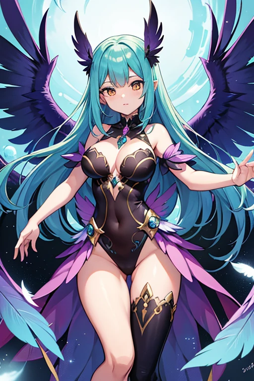 In a mesmerizingly vibrant digital anime, a spellbinding harpy captures attention with her eccentric allure. The main subject of the image is a half-bird, half-human creature with neon-colored feathers, long flowing hair, and piercing golden eyes. The image is a carefully crafted digital painting, showcasing intricate details and rich textures. The harpy's wings are adorned with intricate patterns, shimmering in shades of iridescent blues and purples. Her feathers, both decaying and full of life, possess a hypnotic effect as they gracefully cascade down her body. The harpy's enchanting charm is enhanced by the digital medium, allowing for intricate rendering and dynamic poses. This high-quality image immerses the viewers into a fantastical world, inviting them to explore the mysterious allure of the harpy.