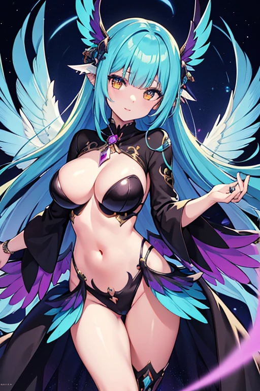 In a mesmerizingly vibrant digital anime, a spellbinding harpy captures attention with her eccentric allure. The main subject of the image is a half-bird, half-human creature with neon-colored feathers, long flowing hair, and piercing golden eyes. The image is a carefully crafted digital painting, showcasing intricate details and rich textures. The harpy's wings are adorned with intricate patterns, shimmering in shades of iridescent blues and purples. Her feathers, both decaying and full of life, possess a hypnotic effect as they gracefully cascade down her body. The harpy's enchanting charm is enhanced by the digital medium, allowing for intricate rendering and dynamic poses. This high-quality image immerses the viewers into a fantastical world, inviting them to explore the mysterious allure of the harpy.