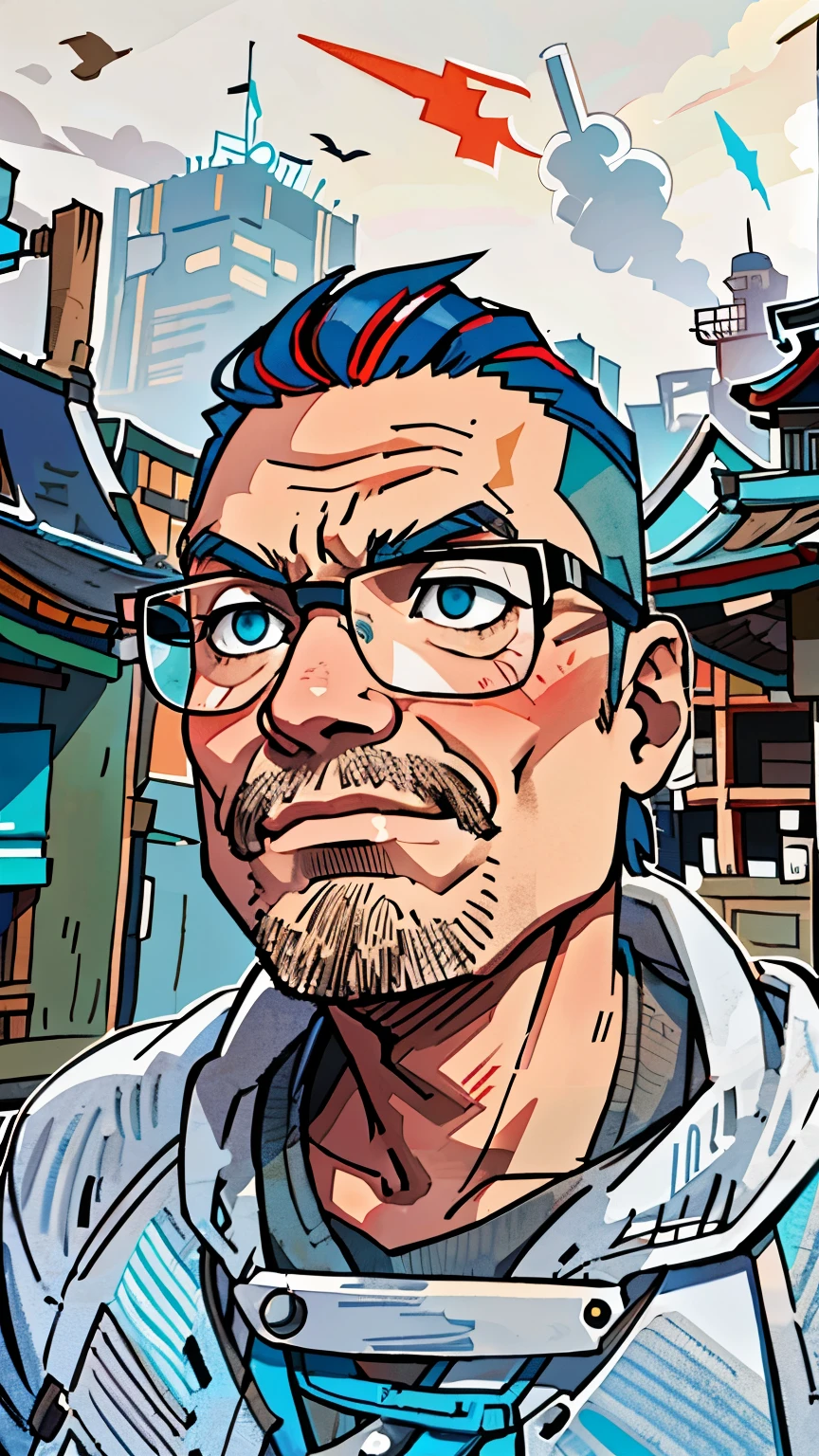 (best quality: 0,8), (best quality: 0,8), Die perfekte Anime-Illustration, Eine sehr Nahaufnahme eines gutaussehenden Mannes, durch die Stadt laufen, turquoise hair, Historisch, Unordentliche Frisur, Meisterwerk, Technologisch, Cyberpunk, Kyoto, Meinung, Augen