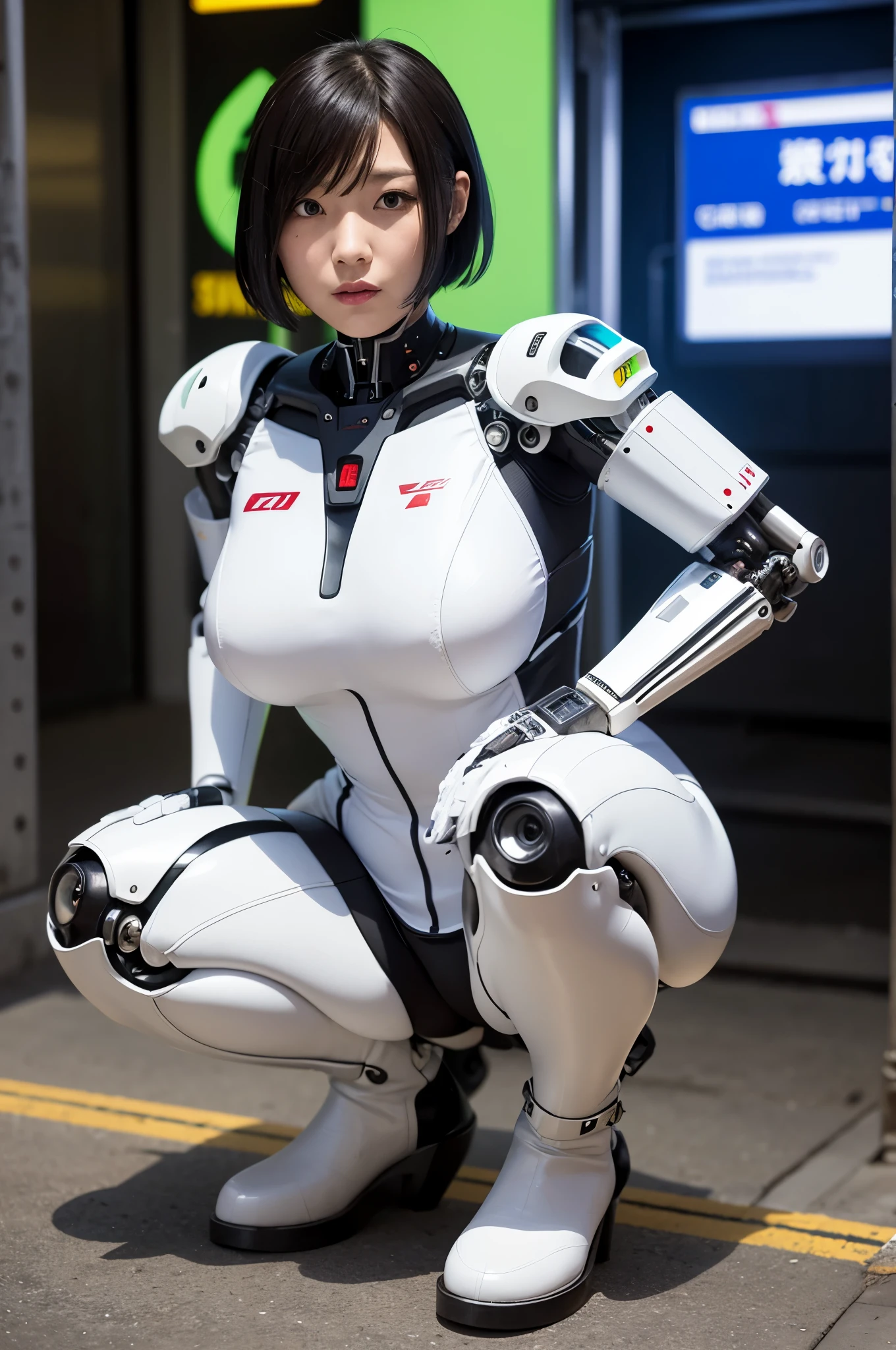 Best Quality,masutepiece,1woman, Japanese cyborg woman ,Plump , White boots,announcer,control panels,activate,Squat,android,droid,Mechanical Hand,White clothes, body suit,Taut_Clothes,medium breasts⁩,clothes with a sense of mechanical technology, Robot arms and legs, Black Robot Parts,blac hair,Short hair,tube dress,