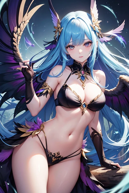 In a mesmerizingly vibrant digital anime, a spellbinding harpy captures attention with her eccentric allure. The main subject of the image is a half-bird, half-human creature with neon-colored feathers, long flowing hair, and piercing golden eyes. The image is a carefully crafted digital painting, showcasing intricate details and rich textures. The harpy's wings are adorned with intricate patterns, shimmering in shades of iridescent blues and purples. Her feathers, both decaying and full of life, possess a hypnotic effect as they gracefully cascade down her body. The harpy's enchanting charm is enhanced by the digital medium, allowing for intricate rendering and dynamic poses. This high-quality image immerses the viewers into a fantastical world, inviting them to explore the mysterious allure of the harpy.