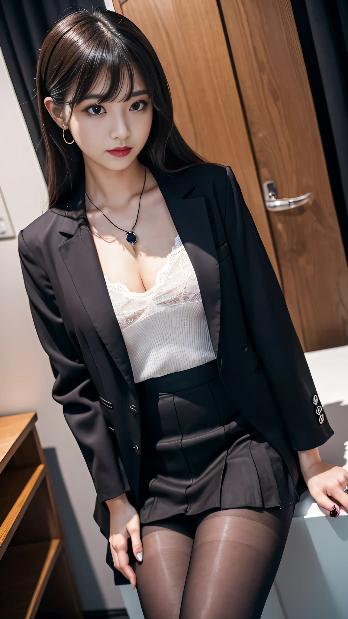 Super detailed、Japanese、charming beauty、Dainty woman、sharp eyes、cool girl、wavy hair、suit、Jacket、blouse、Tight Skirt、black pantyhose、evil female executive、evil depravity、brainwashing、lacy fabric、Shiny legs、lipstick、lip gloss、grin、邪evilなな表情、evil、empty eyes、邪evilな、in the darkroom、lure、meanwhile、crotch tattoo