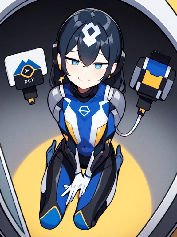 (masterpiece、highest quality、highest resolution、clear_image、Detailed details、The angle is from above): (full body figure、one girl、Japan faces、shortcut、dark blue hair girl、（perfect body：1.4）、sparkling blue eyes、pilot suit in white, blue and black colors、tight fitting clothes、clothes that cover the whole body、shiny clothes、tight fit pants、Clothes that don&#39;t attract your skin、clothes that hide skin、very delicate and beautiful、detailed skin、Because I&#39;m slender、exoskeleton、cute、gentle smile、soft expression、heroine、headset、Knee-high boots、gloves、eye level shot、facing directly)、（inside a spaceship、Fighter cockpit、Control stick