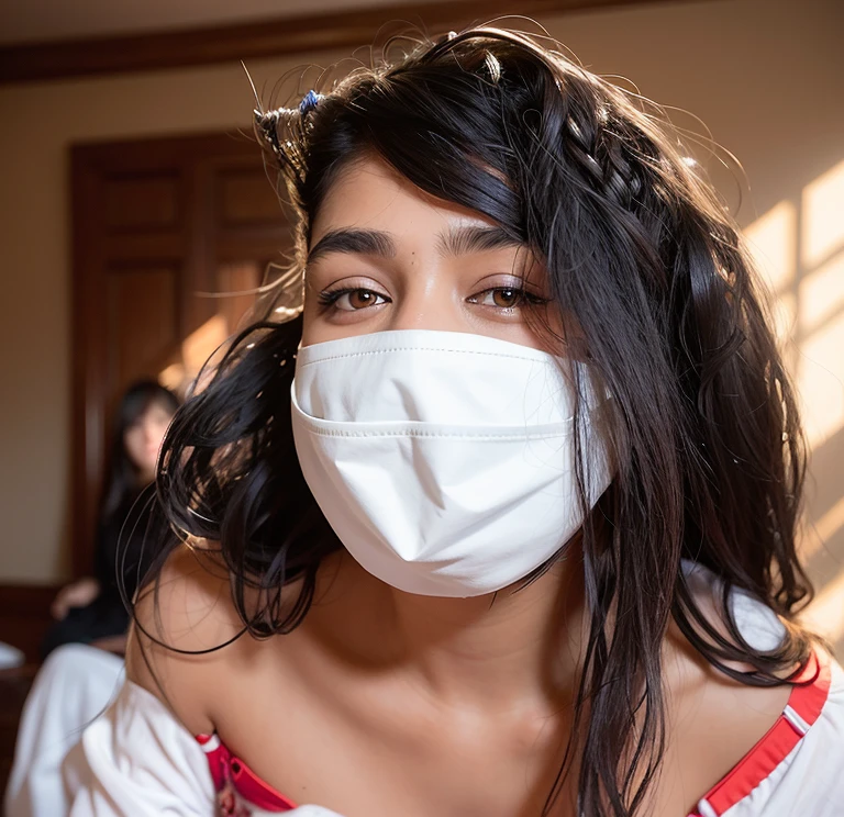 Indian woman with long black hair sitting on a bed, an indian woman, south asian girl, beautiful asian girl, indian girl with long hair, indian women, 30 years old, lovely woman, south east asian with long hair, black face mask