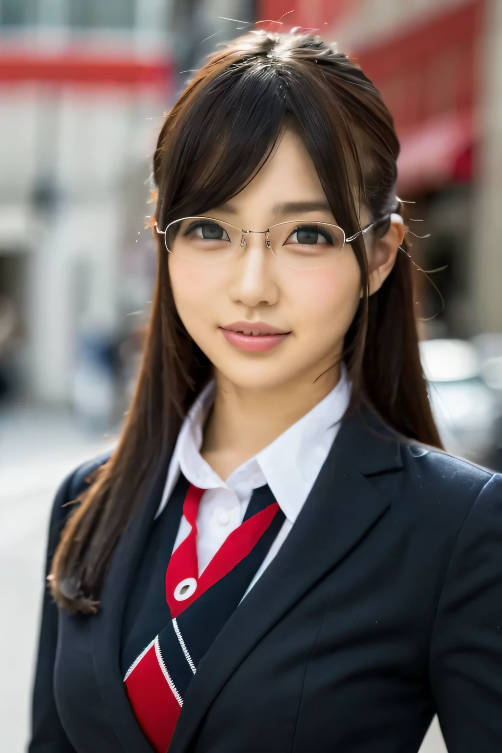 PHOTOREALISTIC REALISTIC masterpiece, best quality, highres 1girl wearing glasses, looking directly at camera, solo,giantess, city, cityscape, long hair, looking at viewer, black hair, ((suit)),solo, portrait , upper body, ((masterpiece)),masterpiece, best quality,