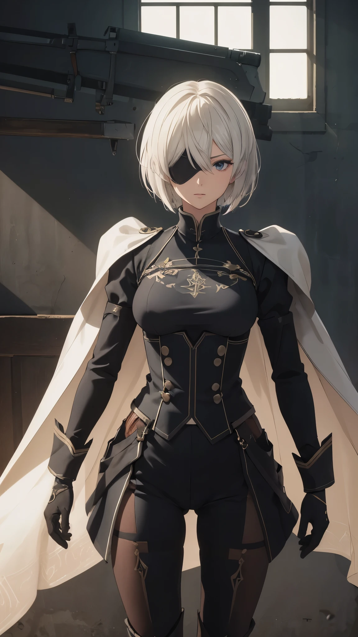 (extremely detailed CG unity 8k wallpaper), (masterpiece), (best quality), (ultra-detailed), (best illustration), (best shadow), (absurdres), 2b, 1girl, short hair, long ponytail, normal size boobs, white hair, blindfold solo, Intimidating women, admiral uniform, night, hero pose, white clothes, General Uniform, Military Uniform, Sunlight, exposed to sunlight,commander, cape, fighting, ((beautiful fantasy girl)), (Master Part: 1.2), Best Quality, High Resolution, photorealestic, photogenic, Unity 8k壁纸, perfect lighting, (perfect arms, perfect anatomy) beatiful face, intricate details, Detalhes realistas, the anime, The Perfect Girl, perfect details, Ultra HD |, 8K, Professional photo(extremely detailed CG unity 8k wallpaper), (masterpiece), (best quality), (ultra-detailed), (best illustration), (best shadow), (absurdres), 2b, 1girl, short hair, short ponytail, normal size boobs, white hair, blindfold solo, Intimidating women, admiral uniform, night, hero pose, white clothes, General Uniform, Military Uniform, Sunlight, exposed to sunlight, commander, black clothes, sunkissed, sunset background