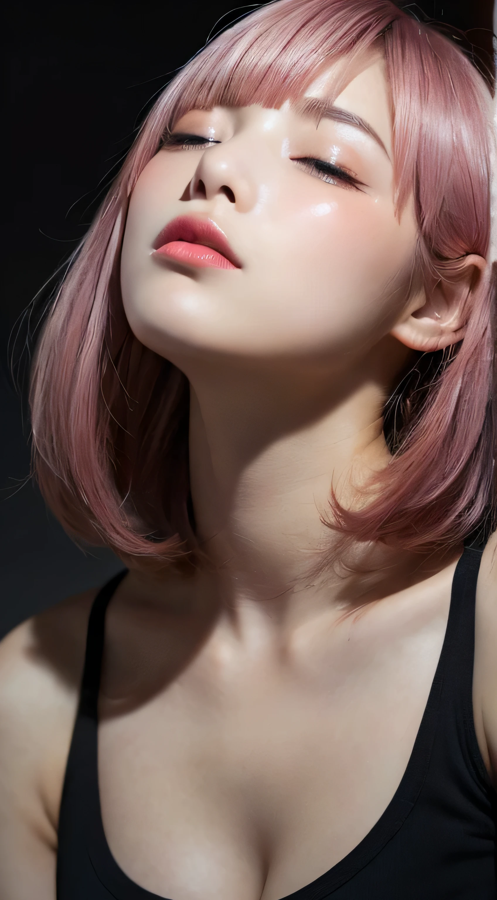 pieces fly, highest quality, figure, Super detailed, small details, High resolution, In 8K,wallpaper, 完璧なダイナミックな構figure, detailed and beautiful eyes, black tank top,short bob hair、pink hair color,Big Natural Color Lip, bold sexy pose,crying a little、cold stare,harajuku style、20 year old girl、cute type、Looking up at the ceiling、in a dark room、sleep in bed