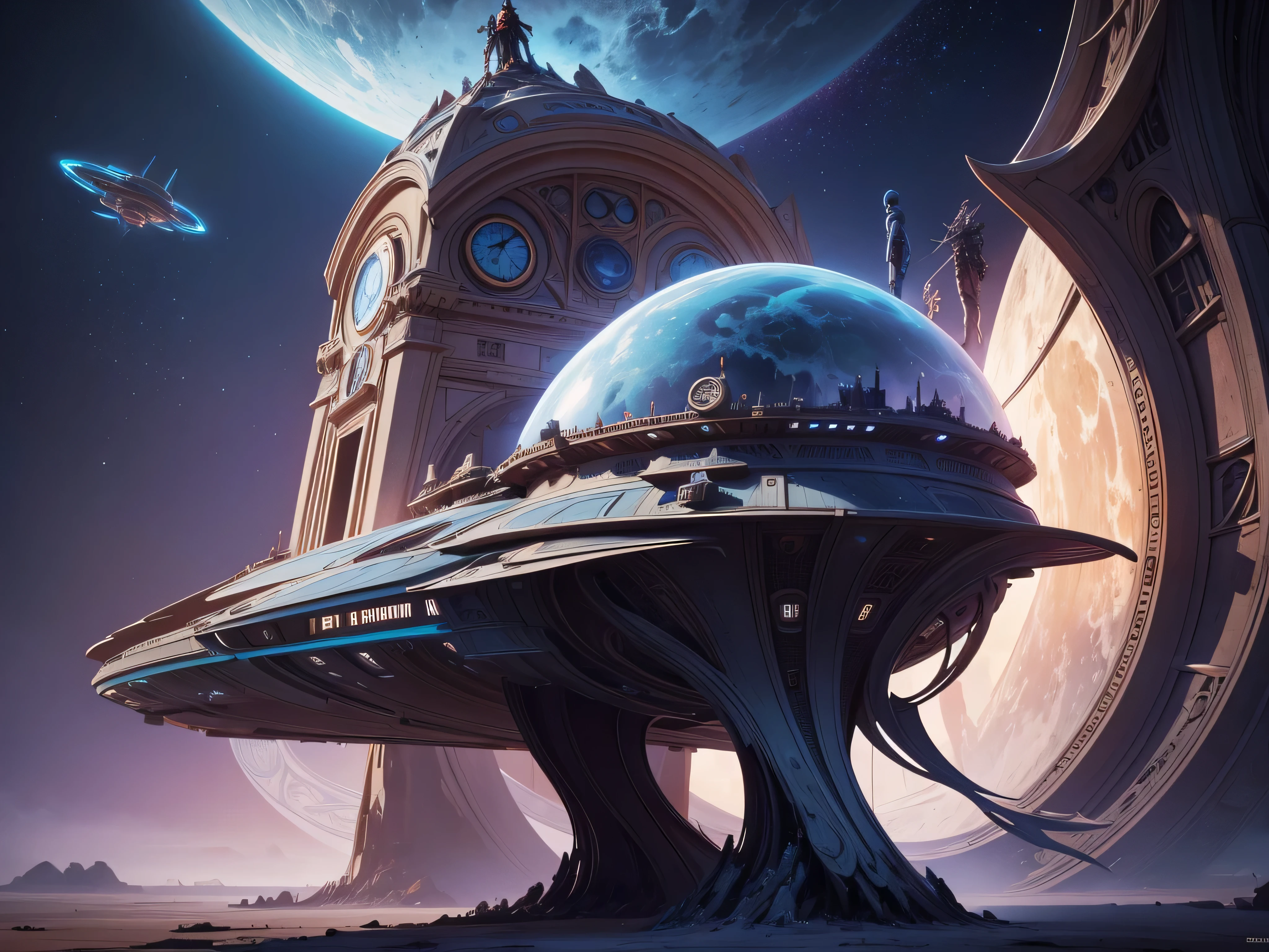 there is a woman standing in front of a clock with a spaceship in the background, sci-fi fantasy wallpaper, epic fantasy sci fi illustration, sci-fi fantasy art, epic scifi fantasy art, mystical sci-fi concept art, sci-fi high fantasy, sci-fi fantasy desktop wallpaper, by Johfra Bosschart, futuristic utopian fantasy, award winning scifi art