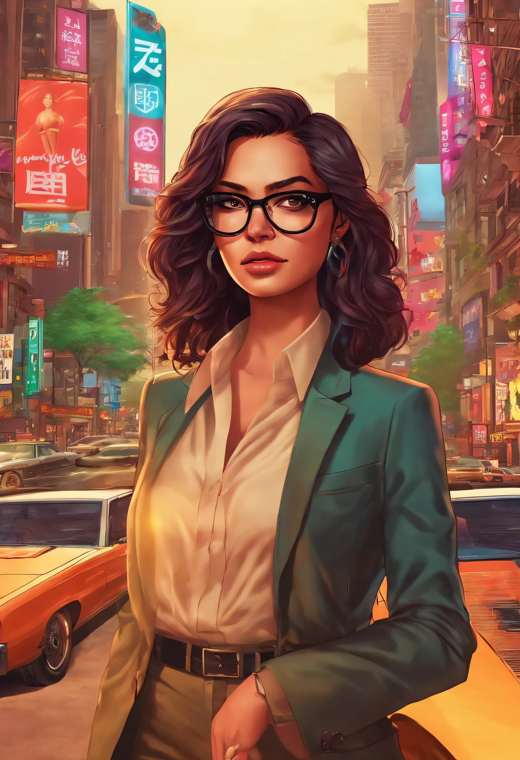 PHOTOREALISTIC REALISTIC masterpiece, best quality, highres 1girl wearing glasses, looking directly at camera, solo,giantess, city, cityscape, long hair, looking at viewer, black hair, ((suit)),solo, portrait , upper body, ((masterpiece)),masterpiece, best quality,