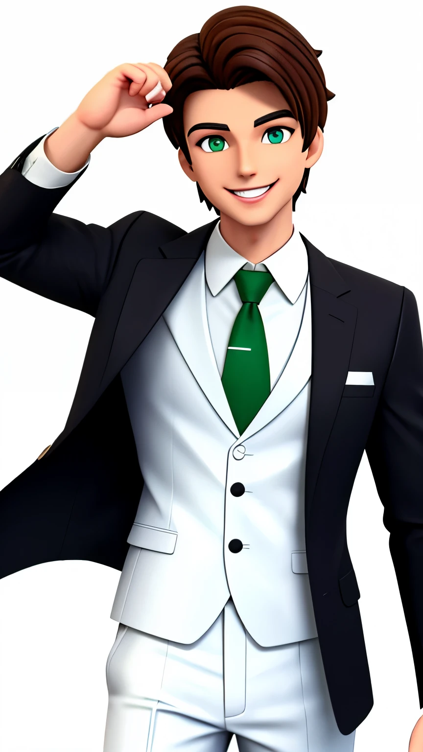 a man with white skin and green eyes 3d style smiling with medium straight brown hair (( wearing a suit )) com o fundo preto