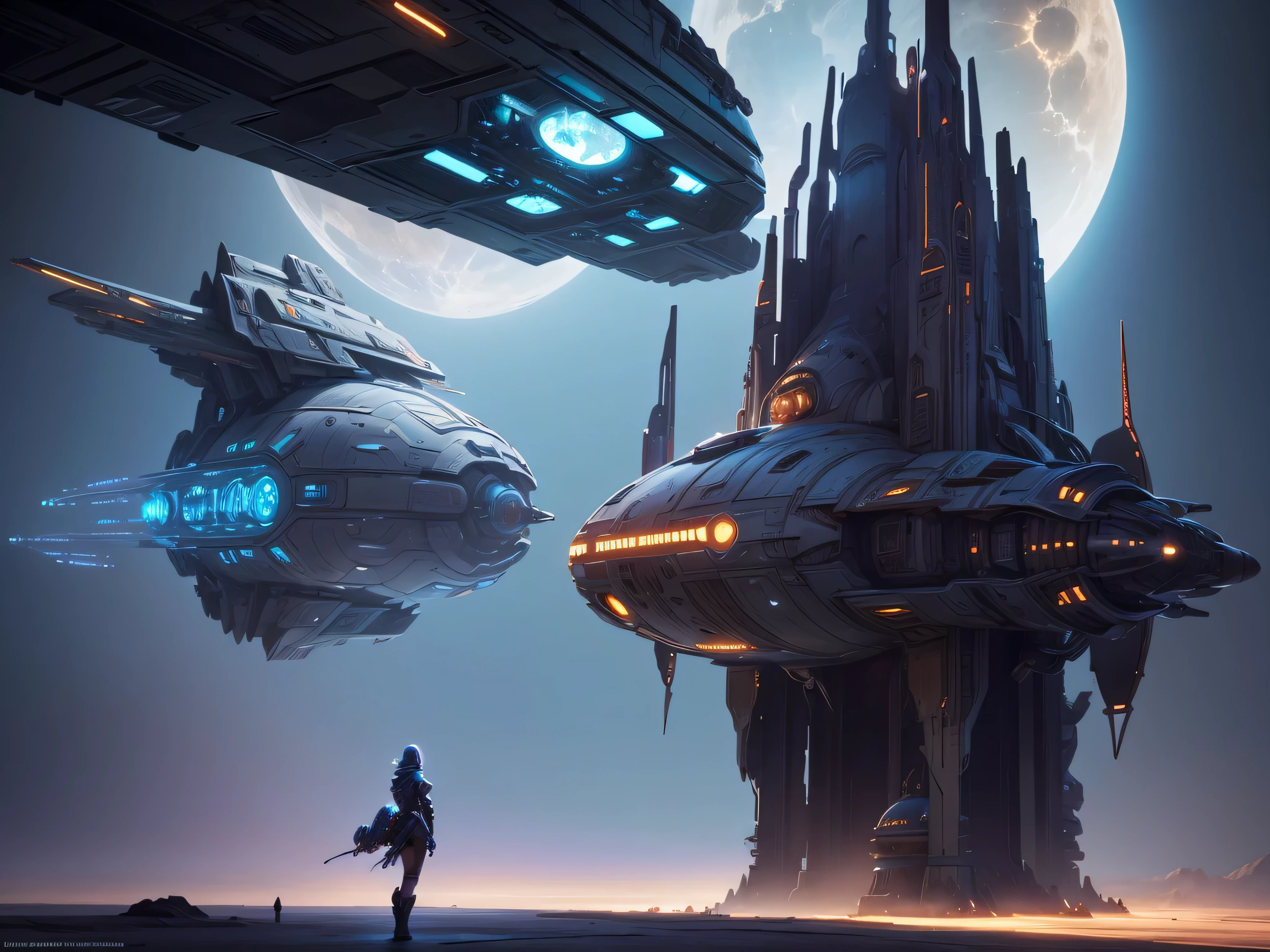 there is a woman standing in front of a clock with a spaceship in the background, sci-fi fantasy wallpaper, epic fantasy sci fi illustration, sci-fi fantasy art, epic scifi fantasy art, mystical sci-fi concept art, sci-fi high fantasy, sci-fi fantasy desktop wallpaper, by Johfra Bosschart, futuristic utopian fantasy, award winning scifi art