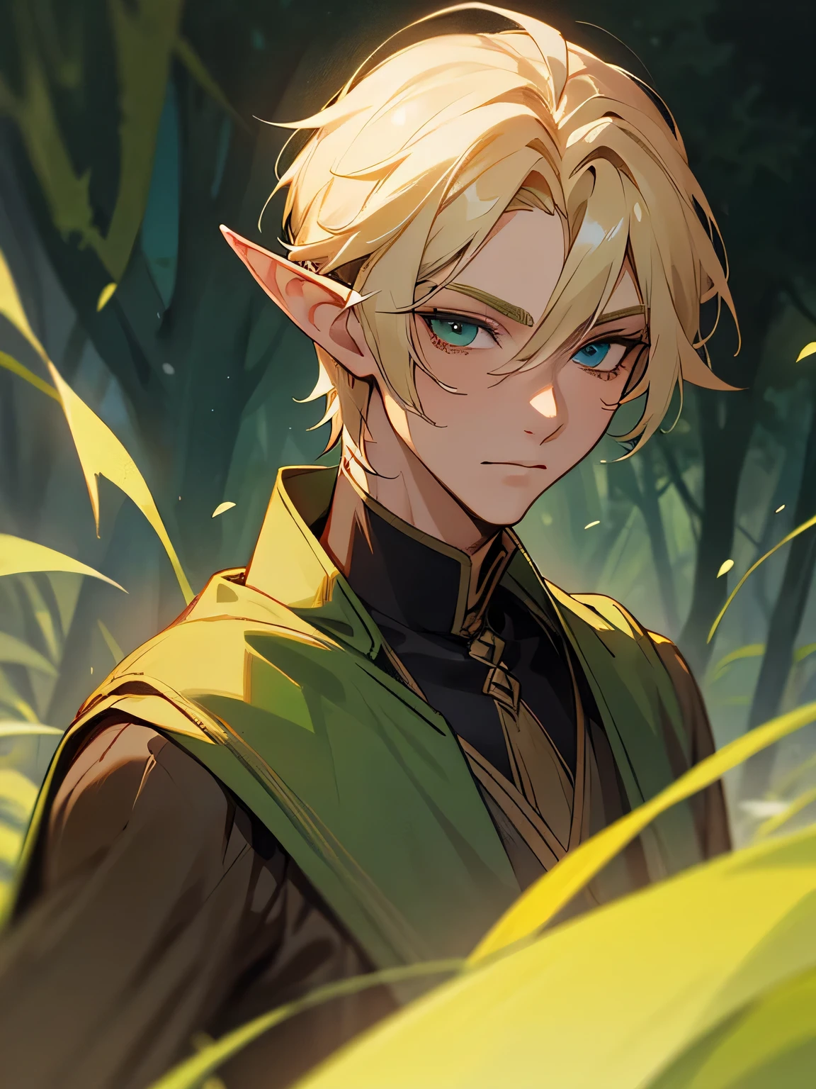 there a man in a green and brown outfit walking through a forest, portrait of a forest mage, male elf noble, a portrait of a male elf, a male elf, beautiful male elf, elven male, male blonde elf noble, male high elf noble, portrait of a young elf noble, astri lohne, ((edgy face))
