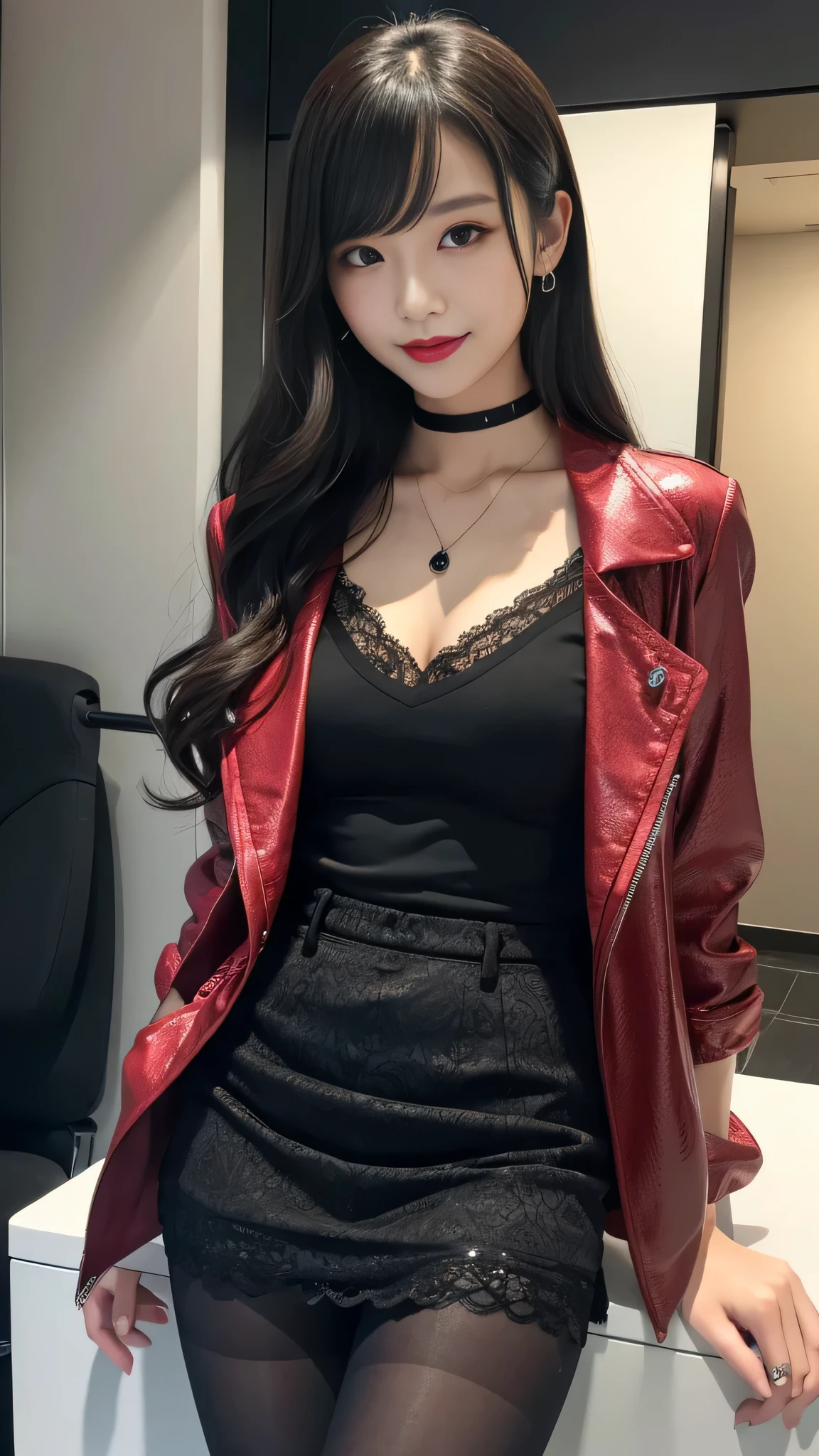 Super detailed、Japanese、charming beauty、Dainty woman、sharp eyes、cool girl、wavy hair、suit、Jacket、blouse、Tight Skirt、black pantyhose、evil female executive、evil depravity、brainwashing、lacy fabric、Shiny legs、lipstick、lip gloss、grin、邪evilなな表情、evil grin、evil、empty eyes、邪evilな、in the darkroom、lure、meanwhile
