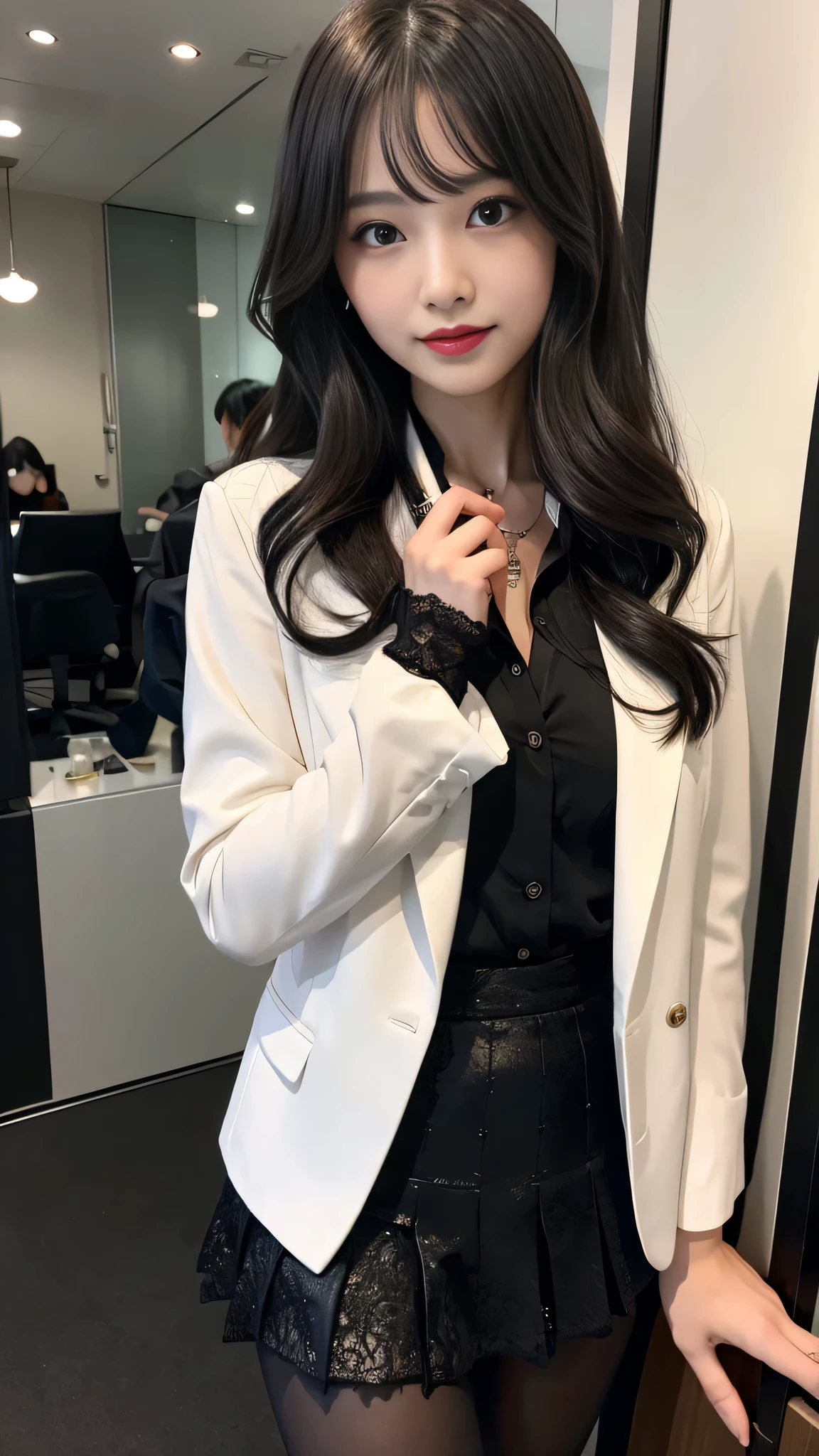 Super detailed、Japanese、charming beauty、Dainty woman、sharp eyes、cool girl、wavy hair、suit、Jacket、blouse、Tight Skirt、black pantyhose、evil female executive、evil depravity、brainwashing、lacy fabric、Shiny legs、lipstick、lip gloss、grin、邪evilなな表情、evil grin、evil、empty eyes、邪evilな、in the darkroom、lure、meanwhile