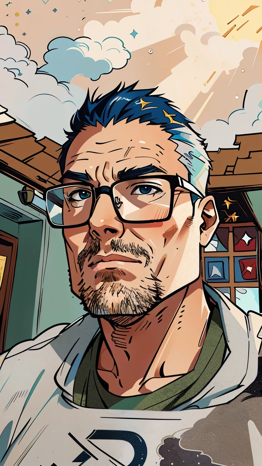 Da war ein Mann mit Brille und gelbem Kapuzenpulli, Selfie-Fotos, Leng Jun, 40 Jahre alt, Cooler Typ，Illustration，gemustert