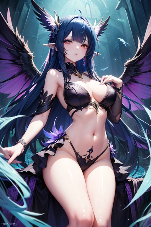 In a mesmerizingly vibrant digital anime, a spellbinding harpy captures attention with her eccentric allure. The main subject of the image is a half-bird, half-human creature with neon-colored feathers, long flowing hair, and piercing golden eyes. The image is a carefully crafted digital painting, showcasing intricate details and rich textures. The harpy's wings are adorned with intricate patterns, shimmering in shades of iridescent blues and purples. Her feathers, both decaying and full of life, possess a hypnotic effect as they gracefully cascade down her body. The harpy's enchanting charm is enhanced by the digital medium, allowing for intricate rendering and dynamic poses. This high-quality image immerses the viewers into a fantastical world, inviting them to explore the mysterious allure of the harpy.
